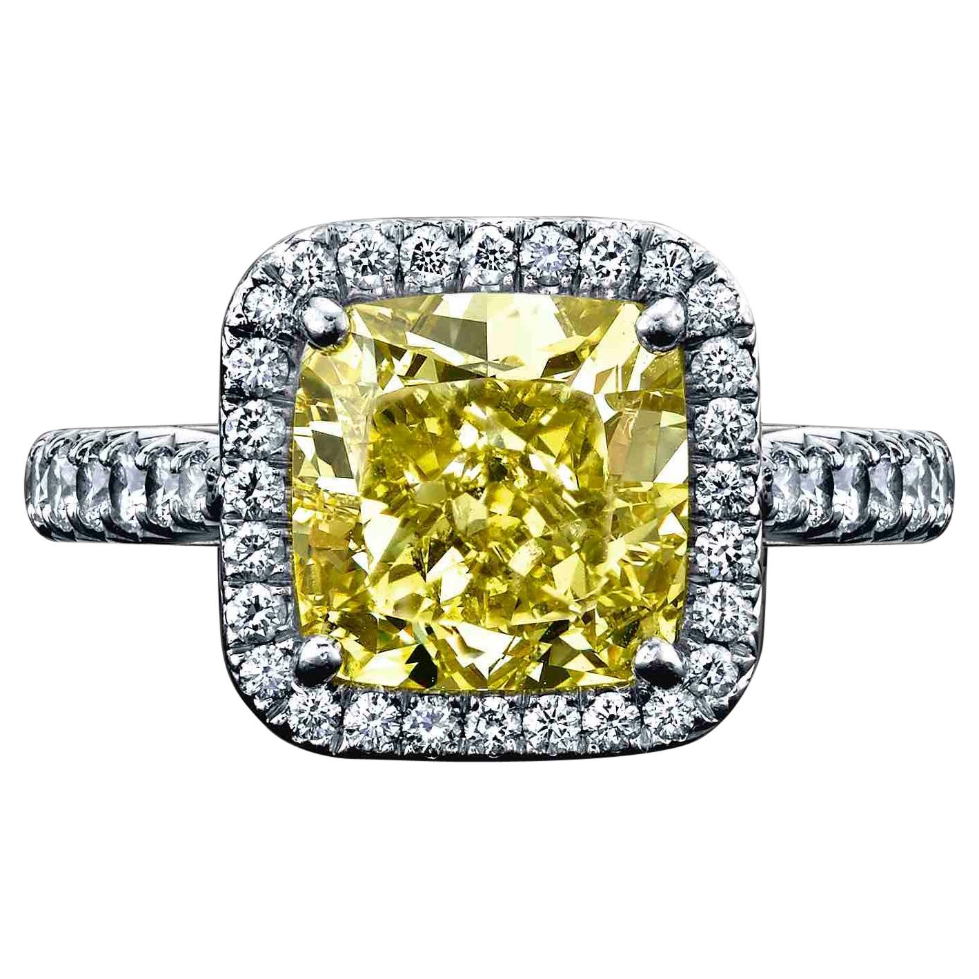 GIA Certified Original Cartier 3.02ct Cushion Fancy Intense Yellow Diamond Ring For Sale
