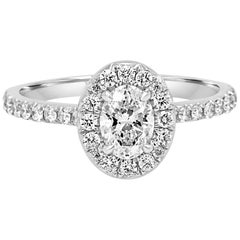 GIA Certified Oval 0.51 Carat Diamond Halo Gold Engagement Bridal Ring