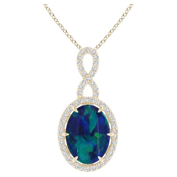 GIA Certified Oval Black Opal Halo Pendant with Infinity Bale in 14K Yellow Gold For Sale