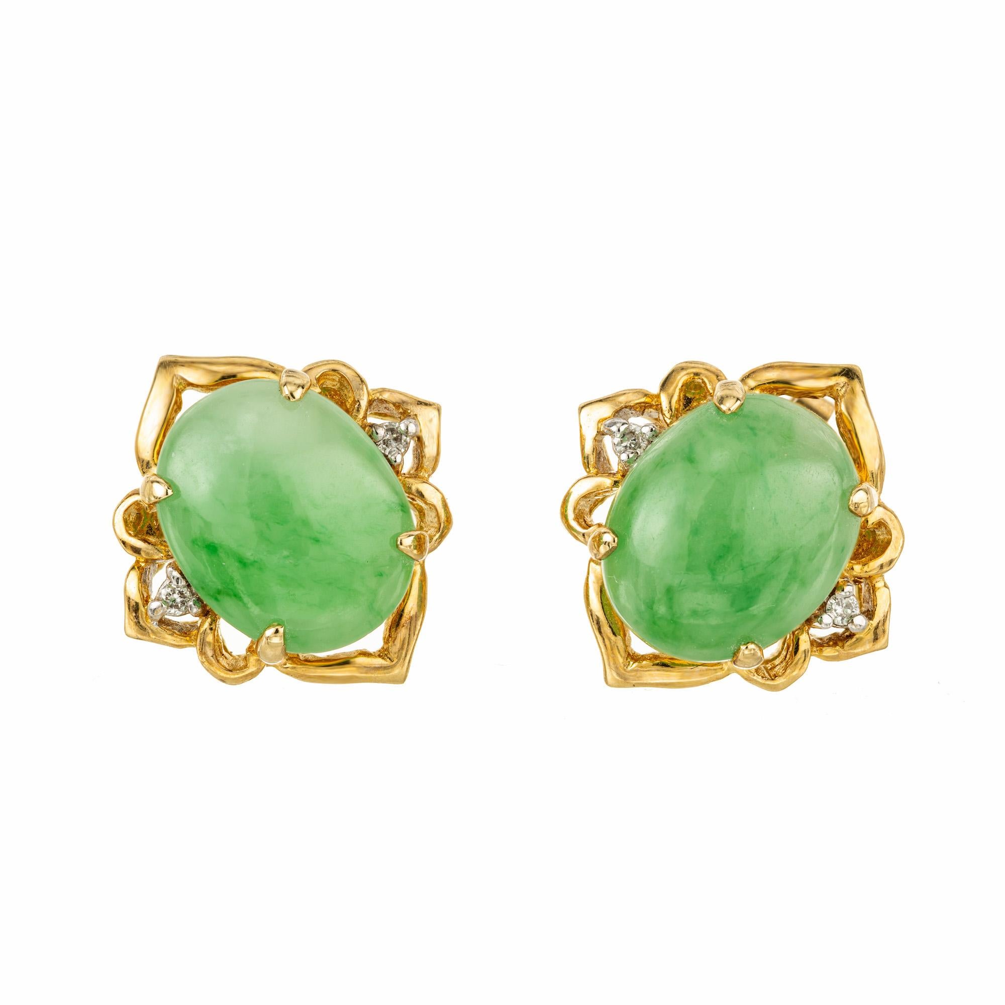 Oval Cut GIA Certified Oval Cabochon Jadeite Jade Diamond Gold Earrings For Sale