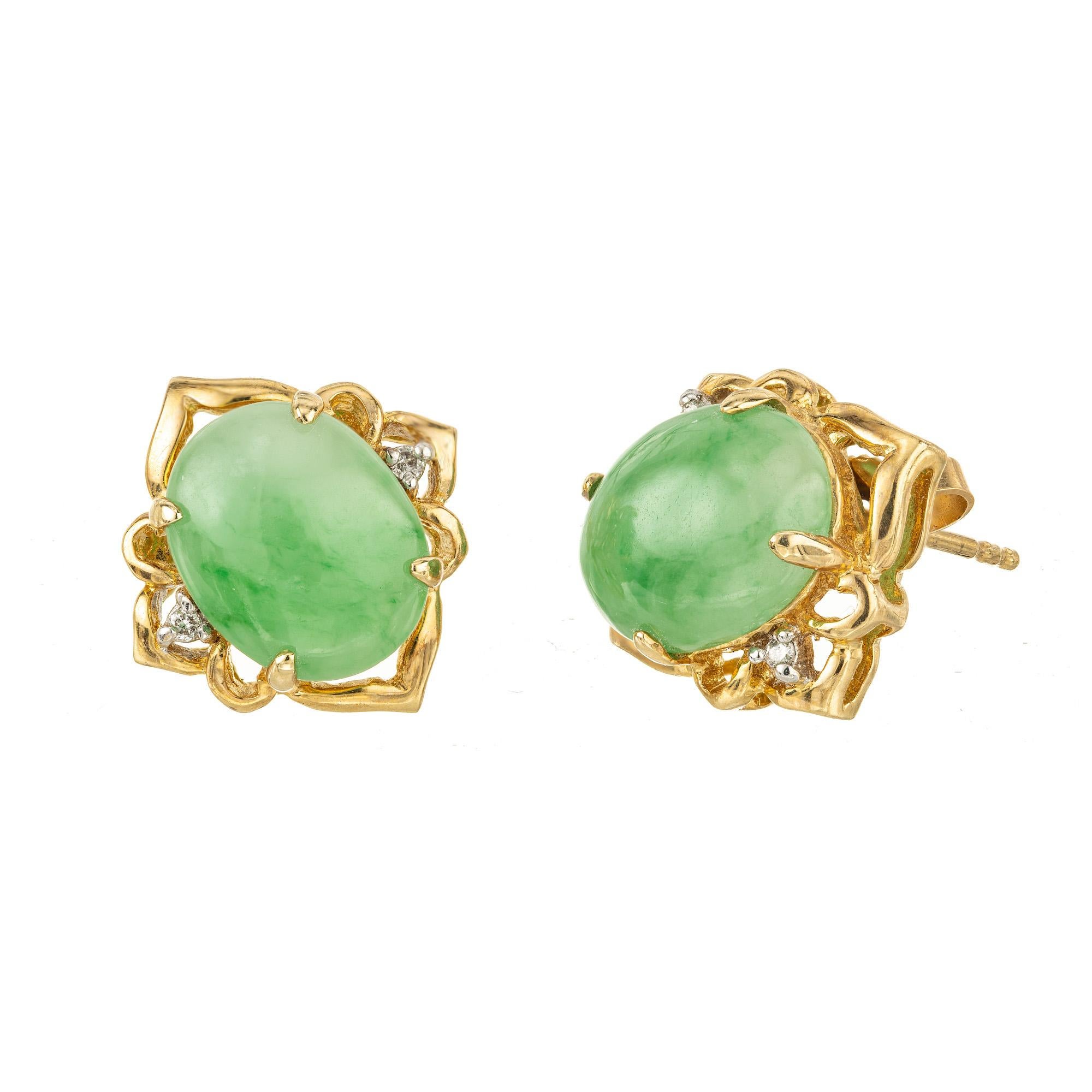 Women's GIA Certified Oval Cabochon Jadeite Jade Diamond Gold Earrings For Sale