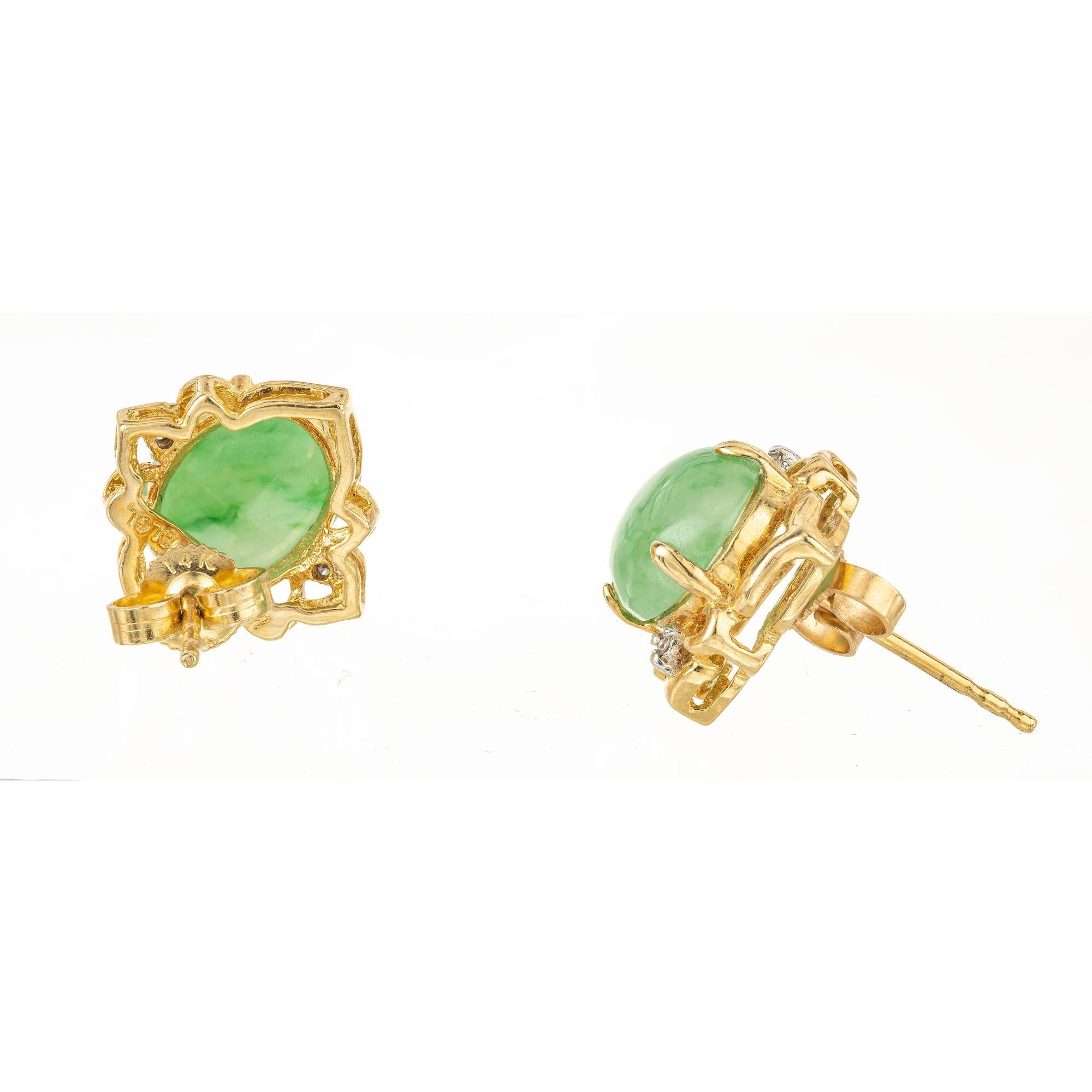GIA Certified Oval Cabochon Jadeite Jade Diamond Gold Earrings For Sale 1