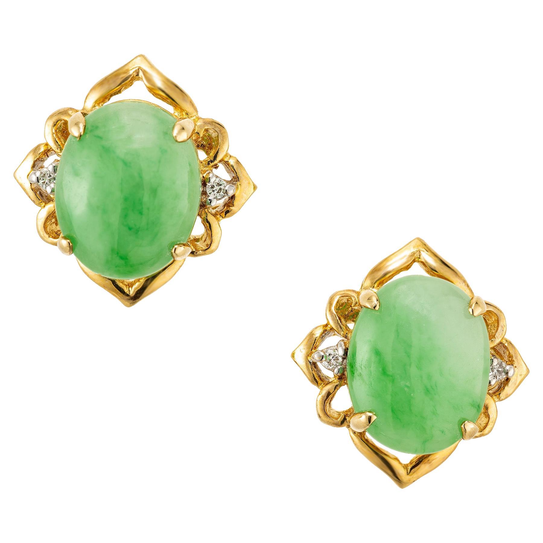 GIA Certified Oval Cabochon Jadeite Jade Diamond Gold Earrings