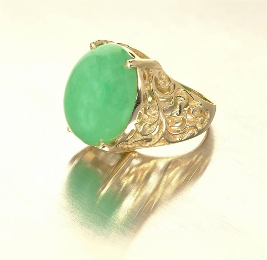 GIA Certified Oval Cabochon Jadeite Jade Natural Green Gold Cocktail Ring For Sale 3