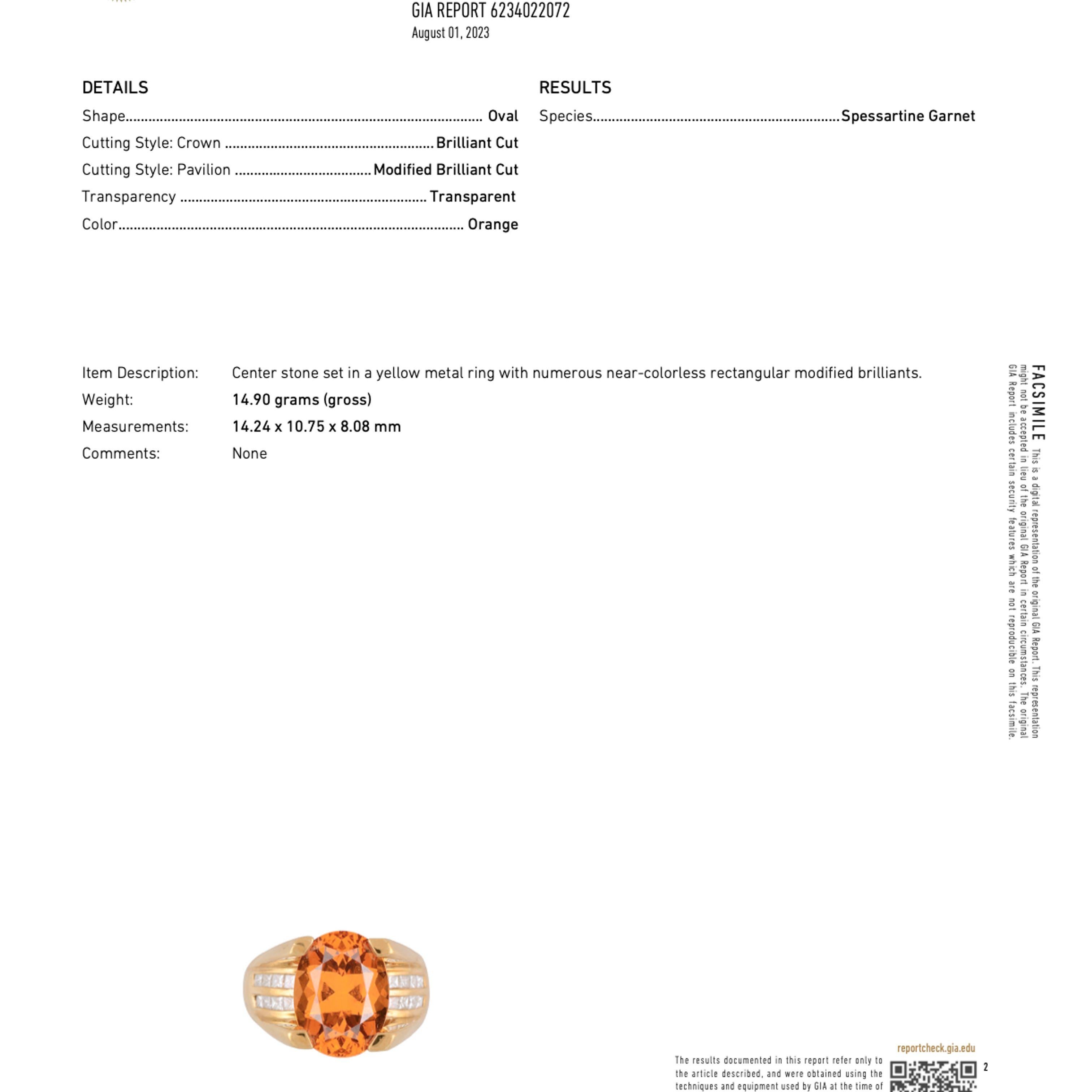 Bague en grenat spessartine orange mandarin taille ovale de 13,5 carats certifié par le GIA  en vente 3