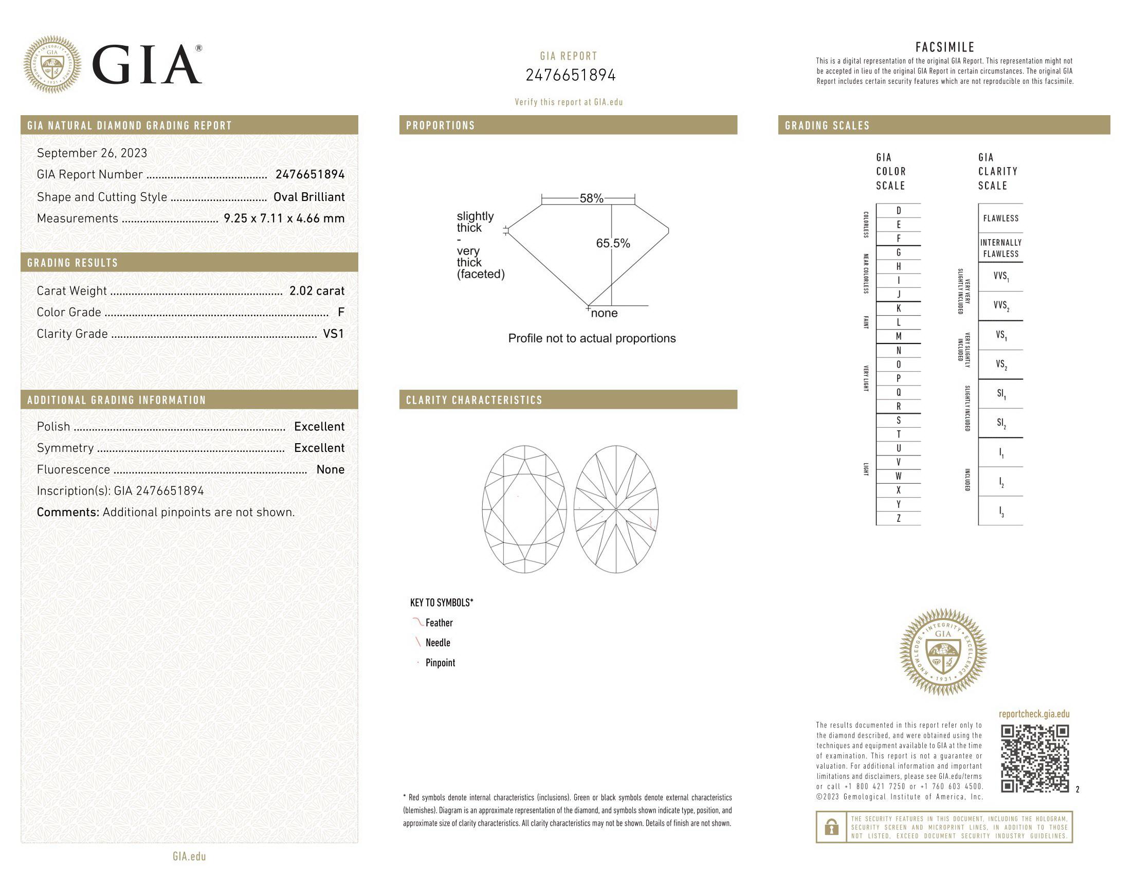 GIA Certified Oval Cut 2.02 Carat F VS1 Diamond Ring in 18K White Gold For Sale 3