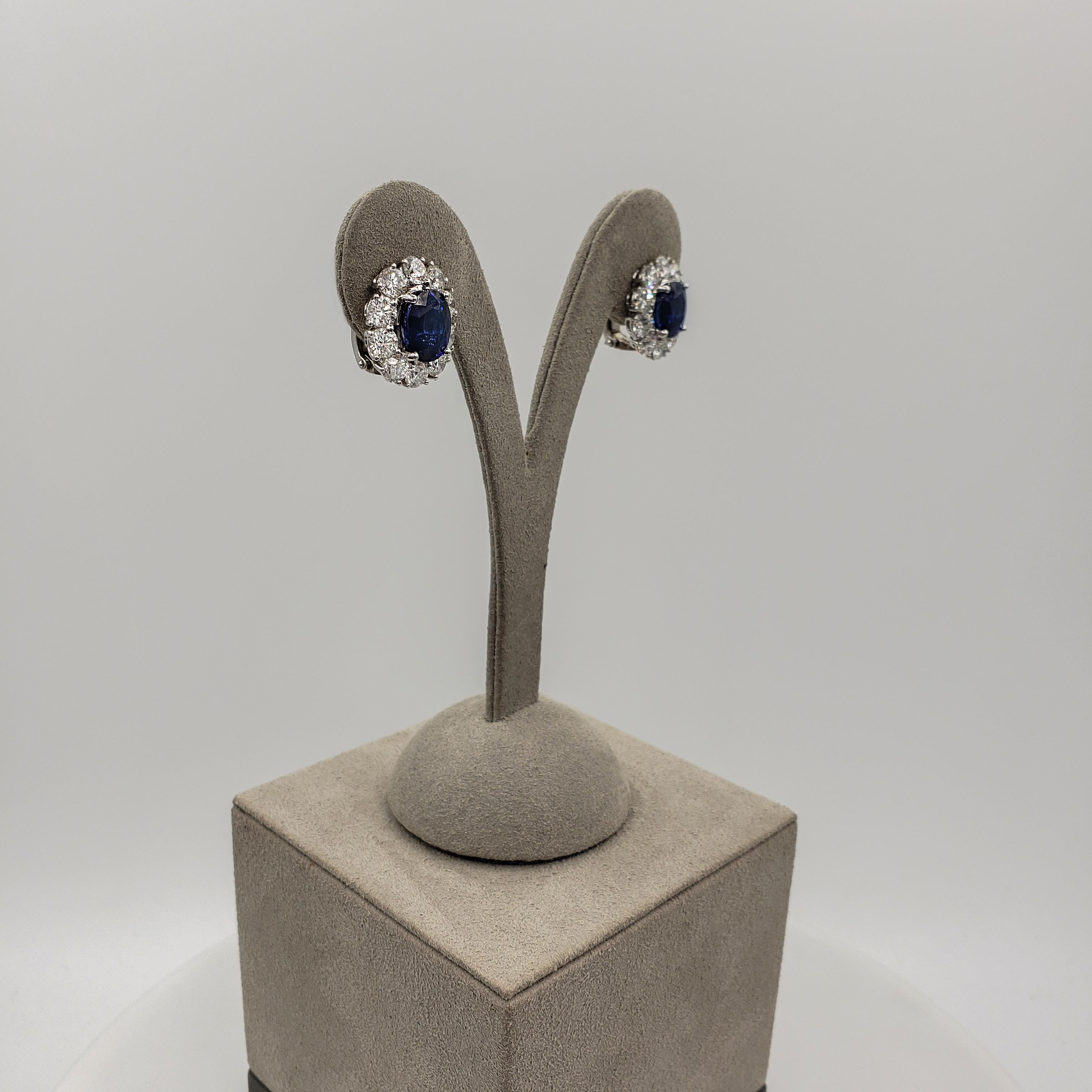 GIA Certified 6.05 Carats Oval Cut Blue Sapphire and Diamond Halo Clip Earrings In New Condition For Sale In New York, NY