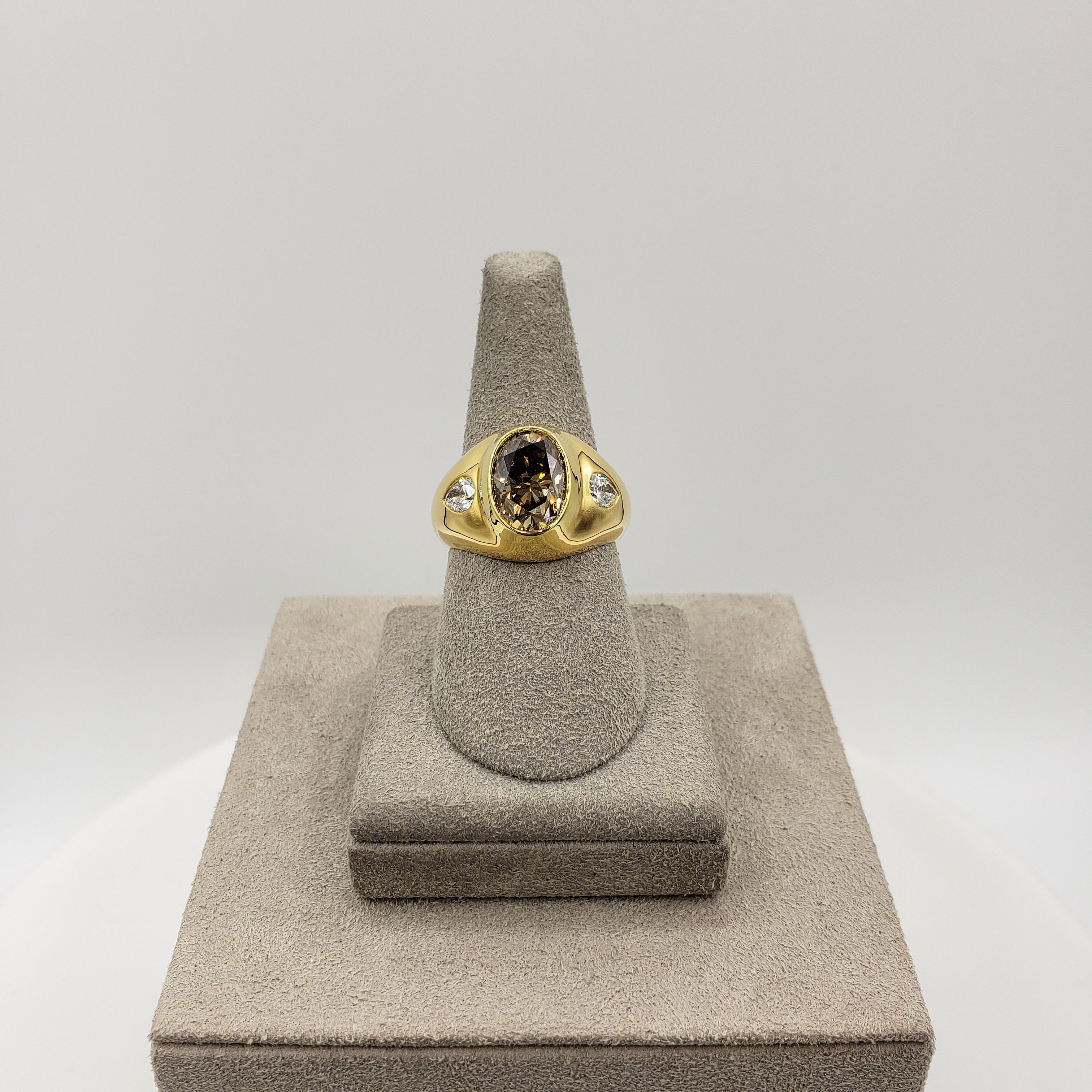 GIA Certified 3.01 Oval Cut Fancy Dark Yellow Brown Diamond Gypsy Fashion Ring In New Condition For Sale In New York, NY