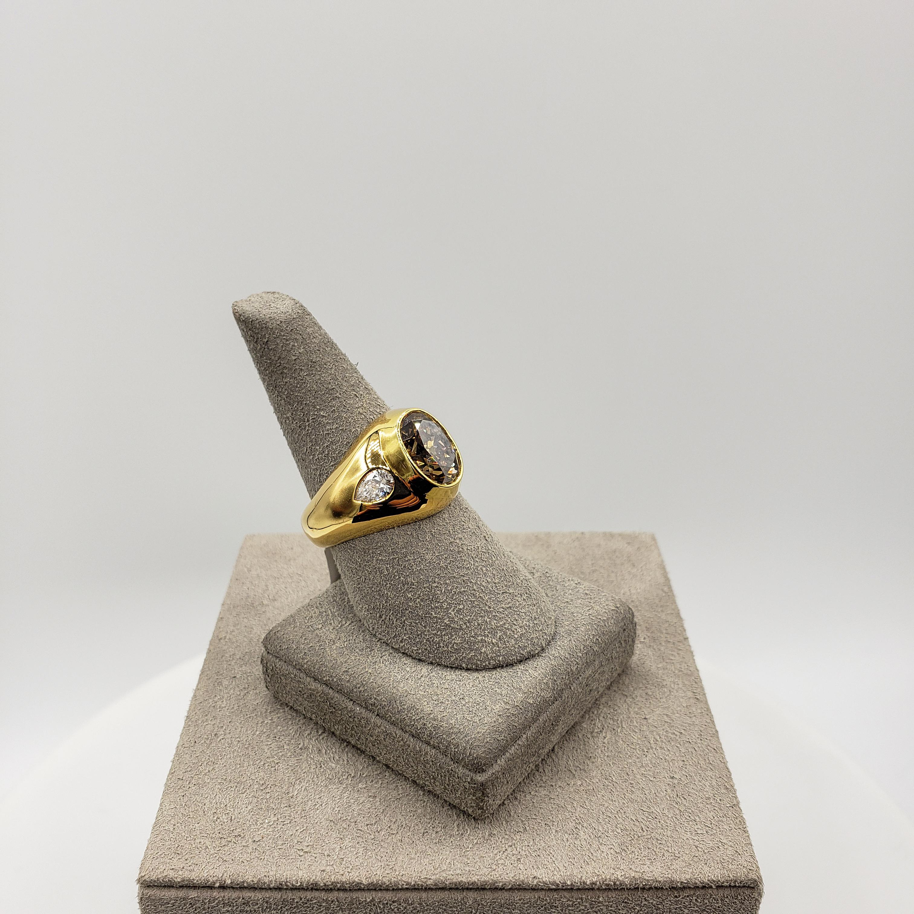 Women's or Men's GIA Certified 3.01 Oval Cut Fancy Dark Yellow Brown Diamond Gypsy Fashion Ring For Sale