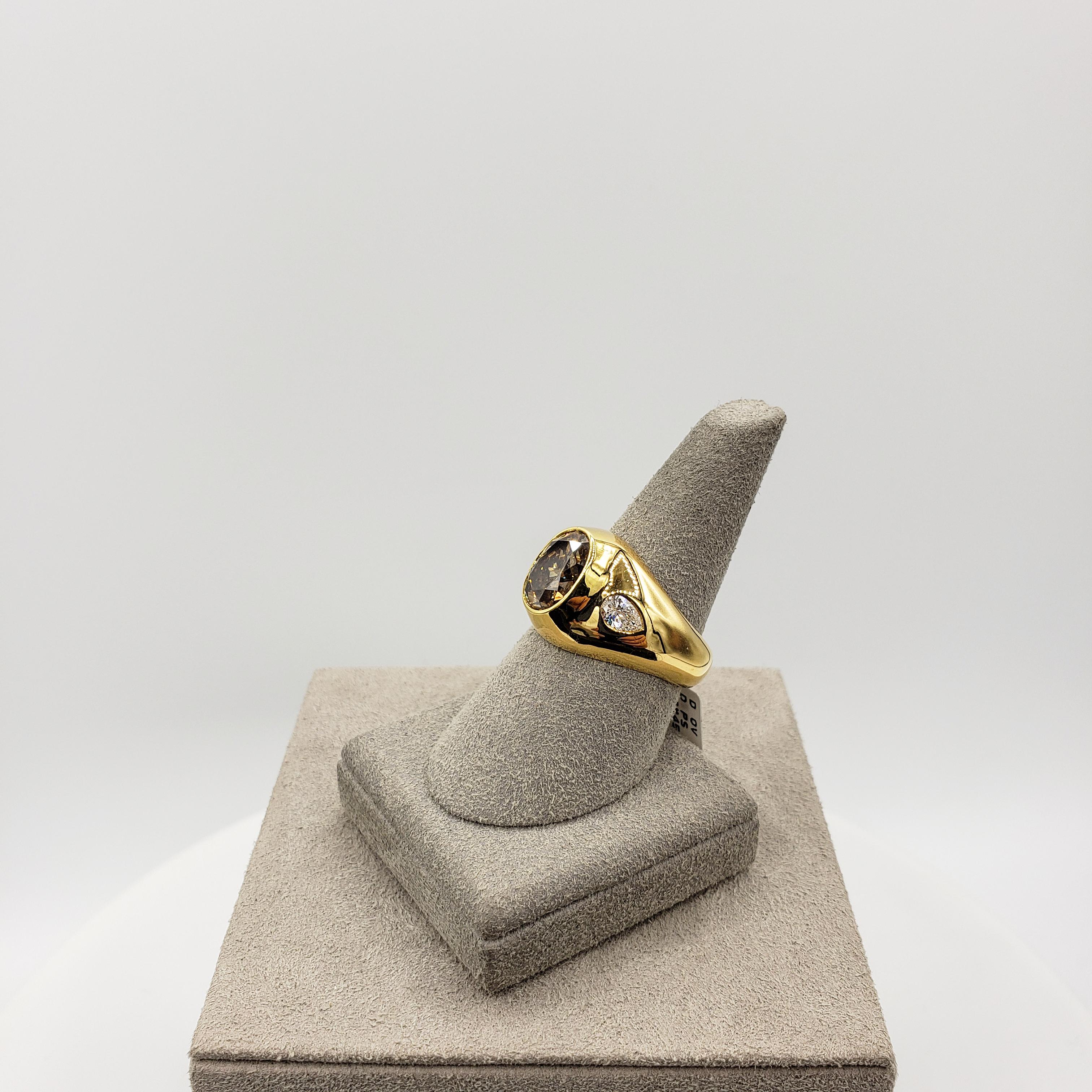 GIA Certified 3.01 Oval Cut Fancy Dark Yellow Brown Diamond Gypsy Fashion Ring For Sale 1