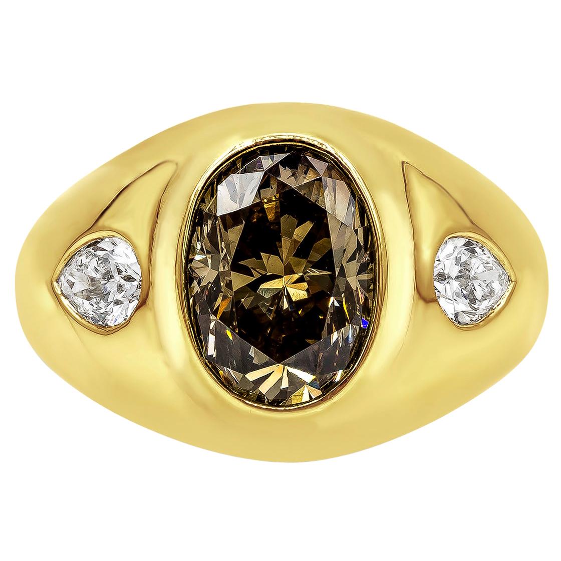 GIA Certified 3.01 Oval Cut Fancy Dark Yellow Brown Diamond Gypsy Fashion Ring For Sale