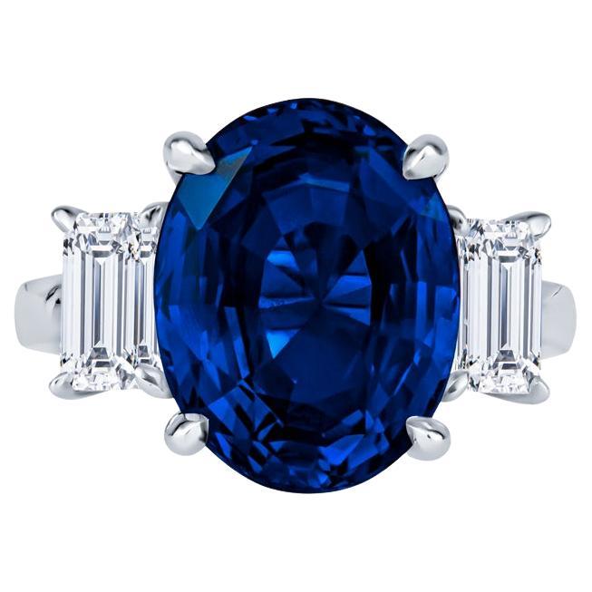 Anillo de platino de tres piedras con zafiro de Ceilán natural de talla oval certificada por el GIA