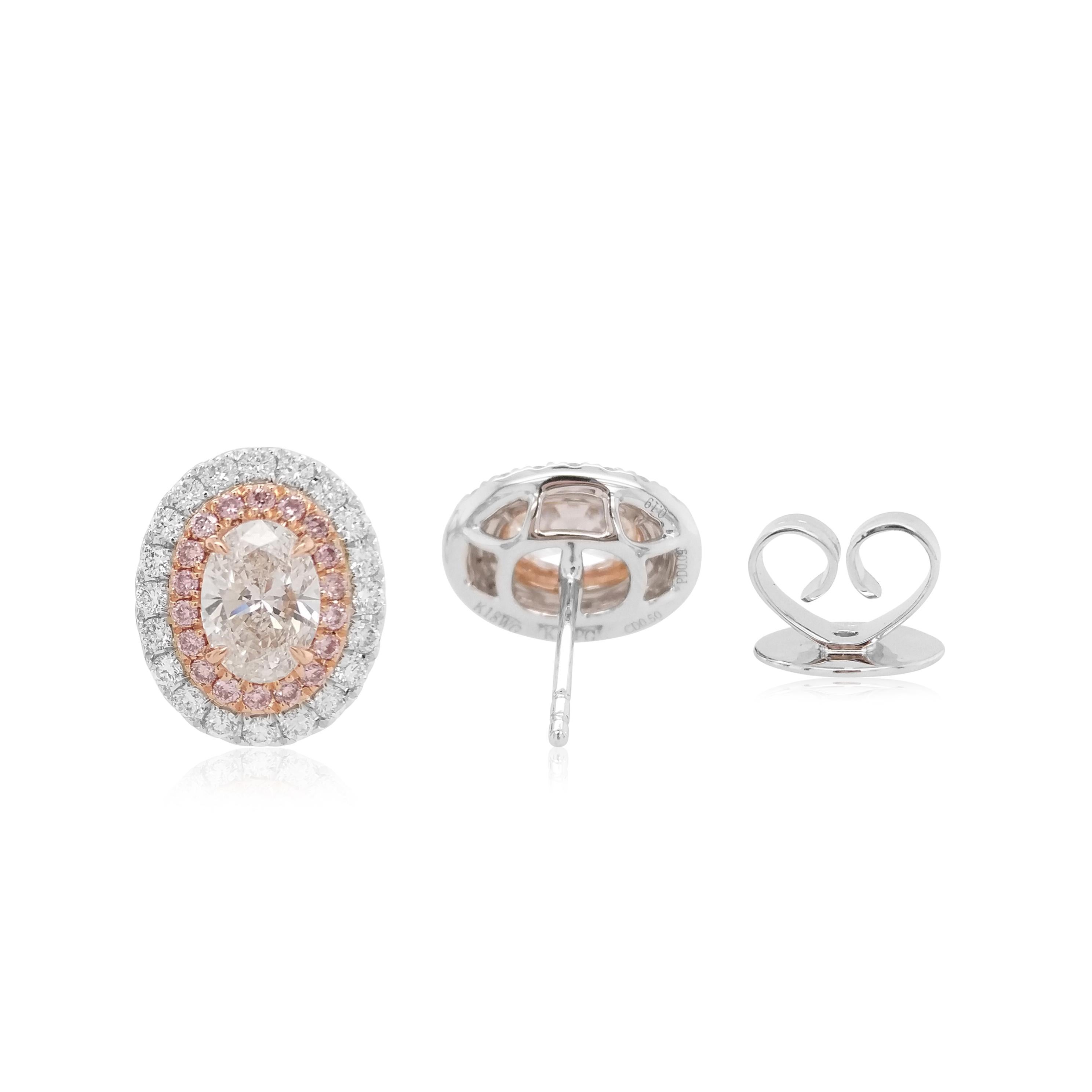 Contemporain Boucles d'oreilles en or 18K certifiées GIA, diamant blanc de taille ovale Argyle Pink Diamond en vente