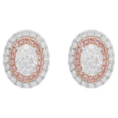GIA Certified Oval cut White Diamond Argyle Pink Diamond 18K Gold Stud Earrings