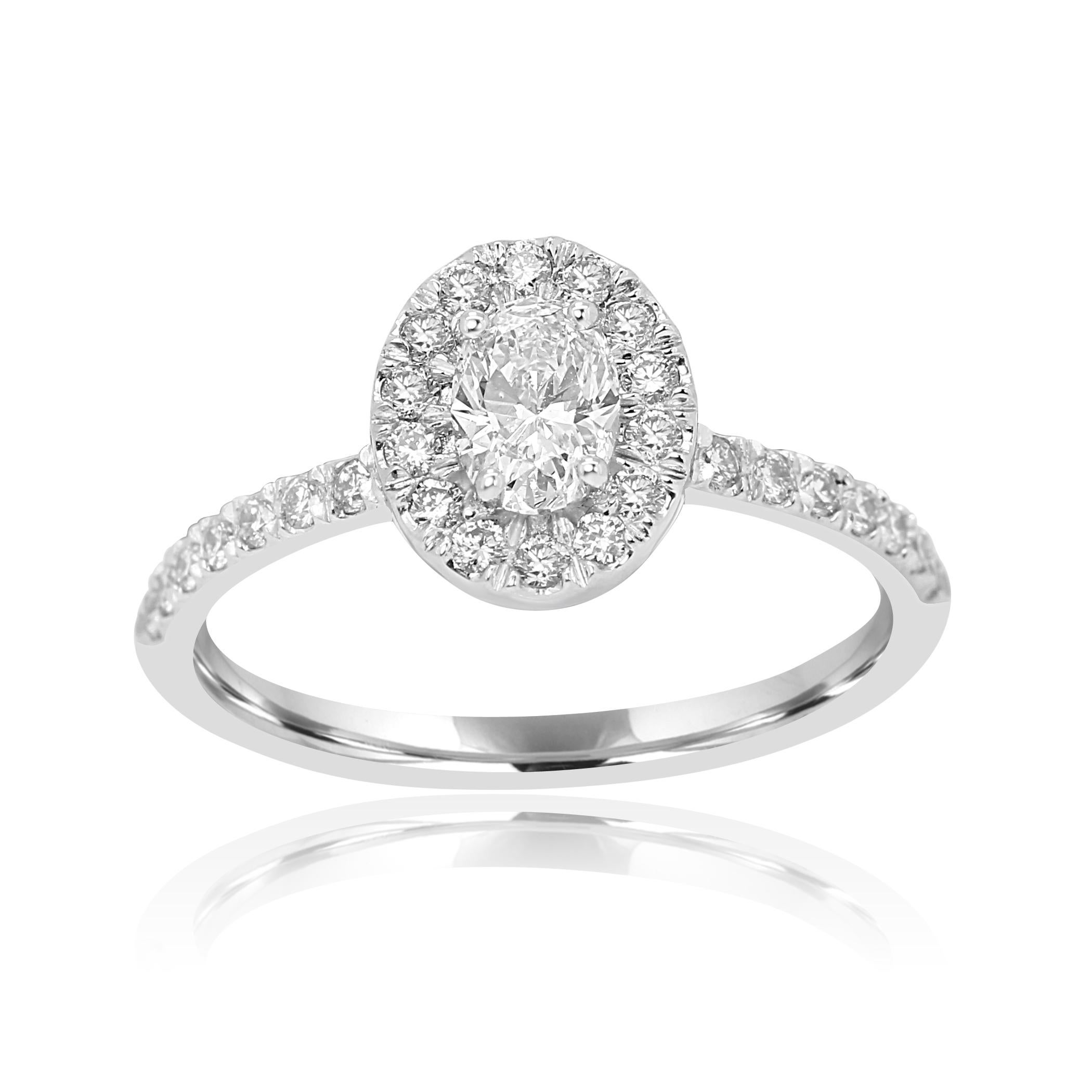 Stunning GIA Certified G Color SI1 Clarity Diamond Oval 0.46 Carat Encircled in a Single halo of White Round Diamonds 0.34 Carat set in 14K White Gold Classic always in style Bridal Engagement Ring.

Style available in different price ranges. Prices