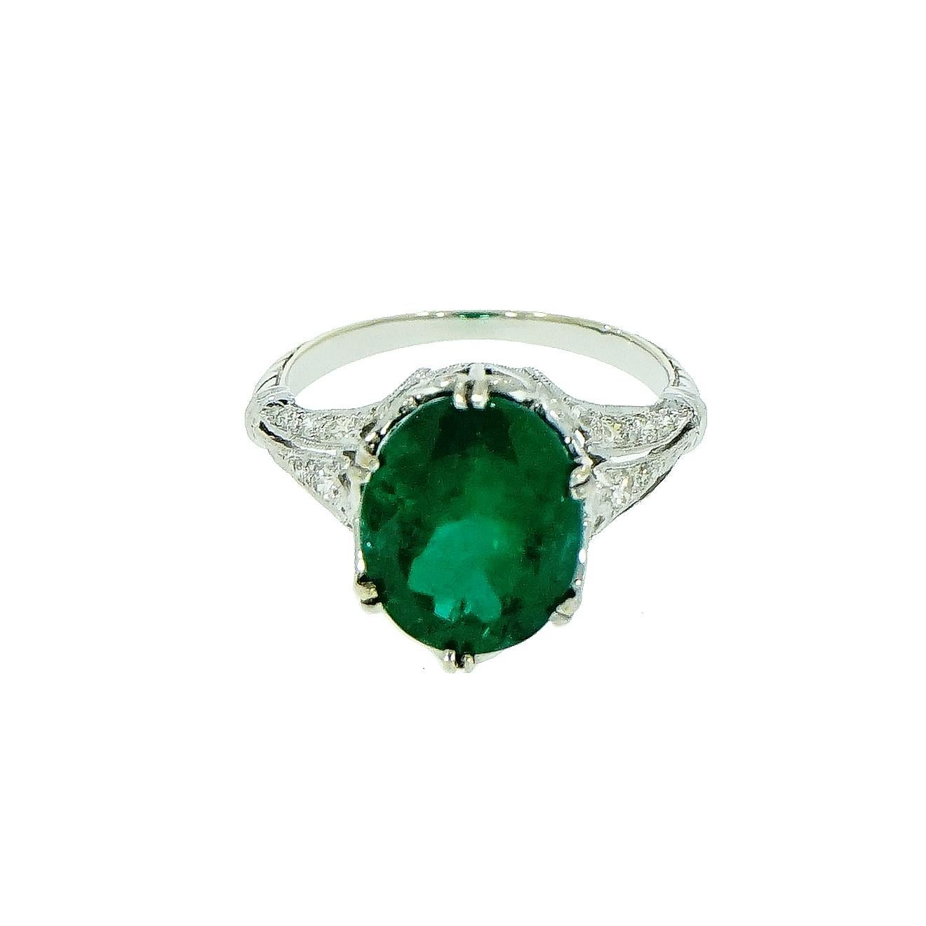 Art Deco GIA Certified Oval Emerald Vintage White Gold Ring