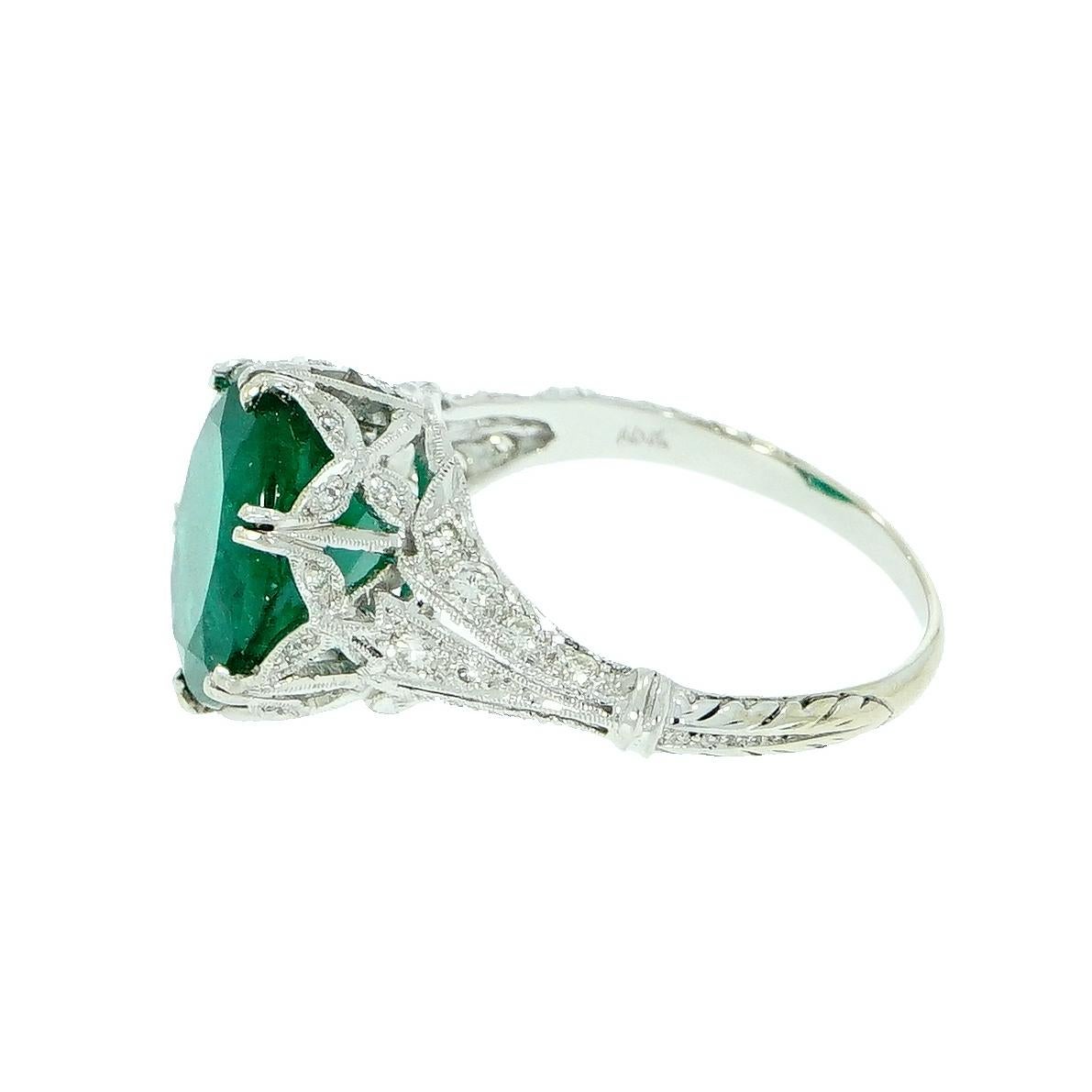 Oval Cut GIA Certified Oval Emerald Vintage White Gold Ring