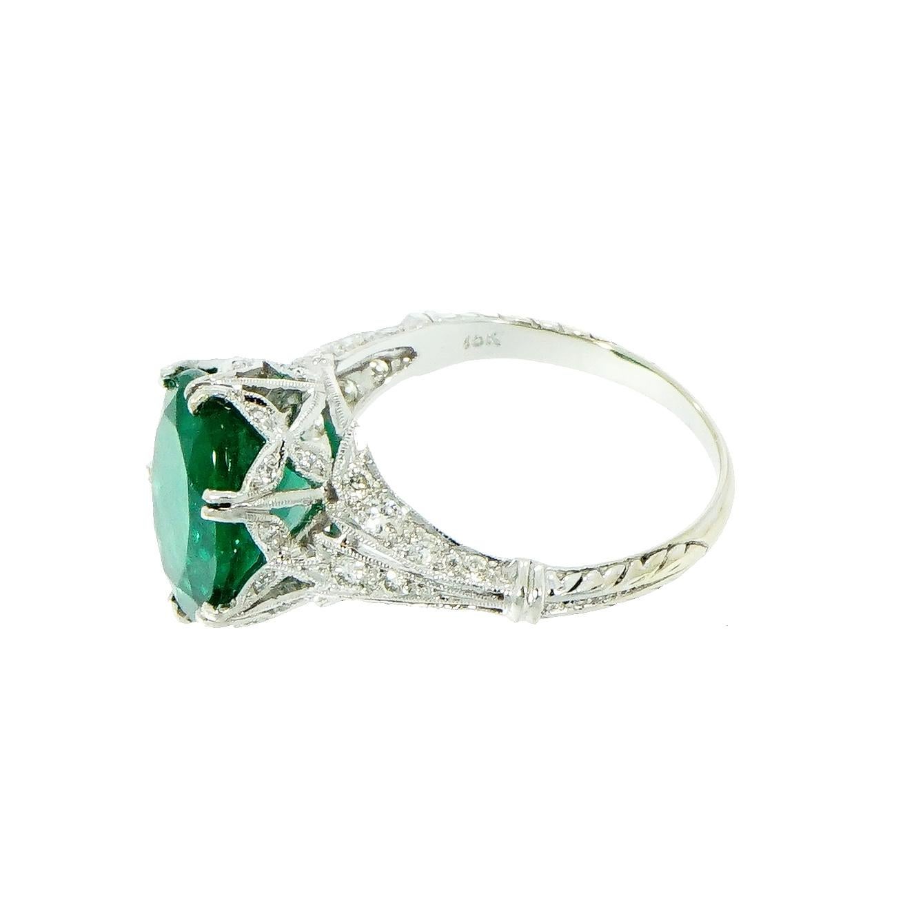 Women's GIA Certified Oval Emerald Vintage White Gold Ring