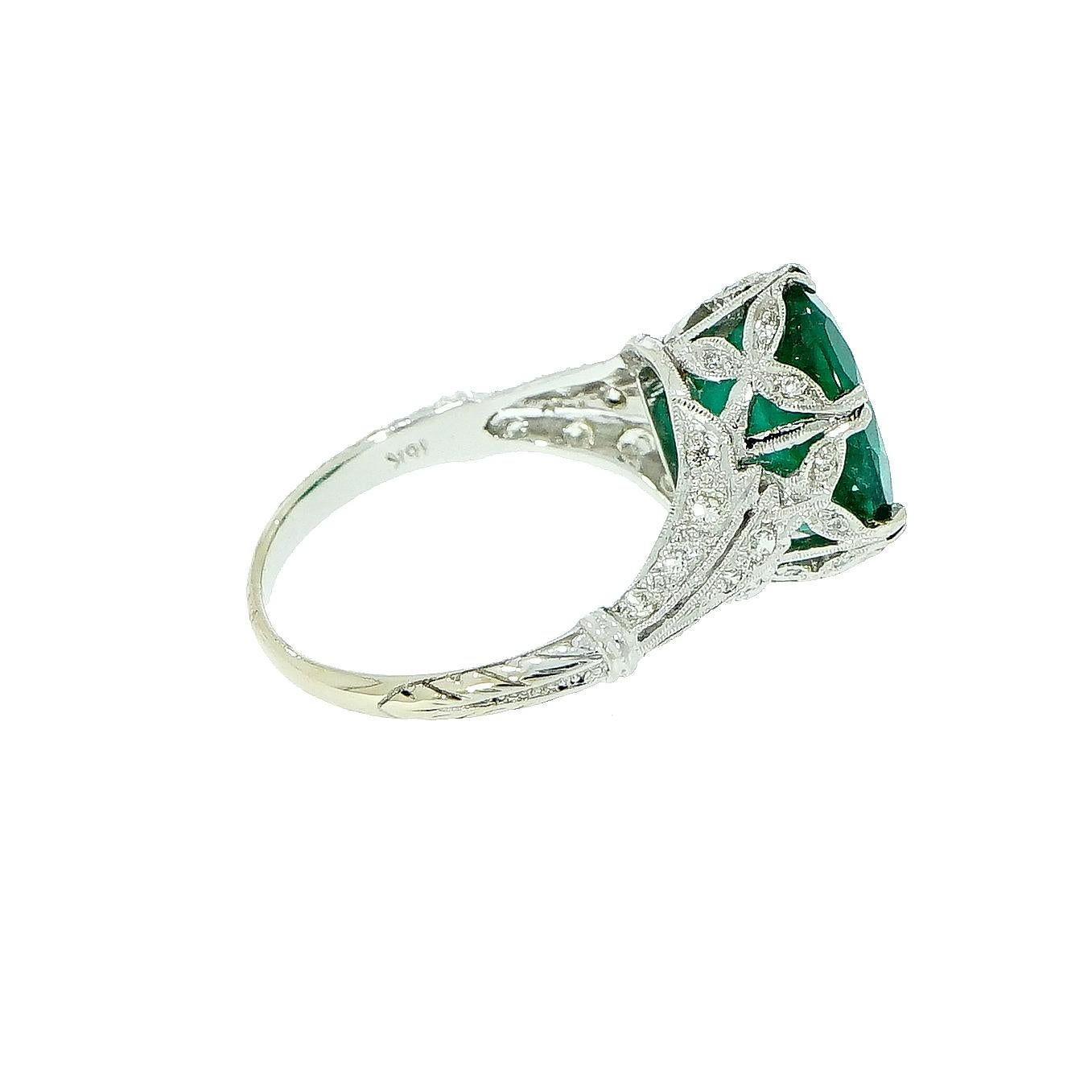 GIA Certified Oval Emerald Vintage White Gold Ring 1