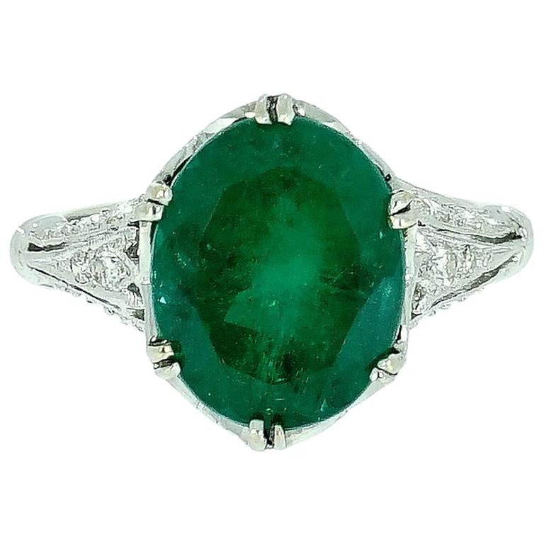 GIA Certified Oval Emerald Vintage White Gold Ring
