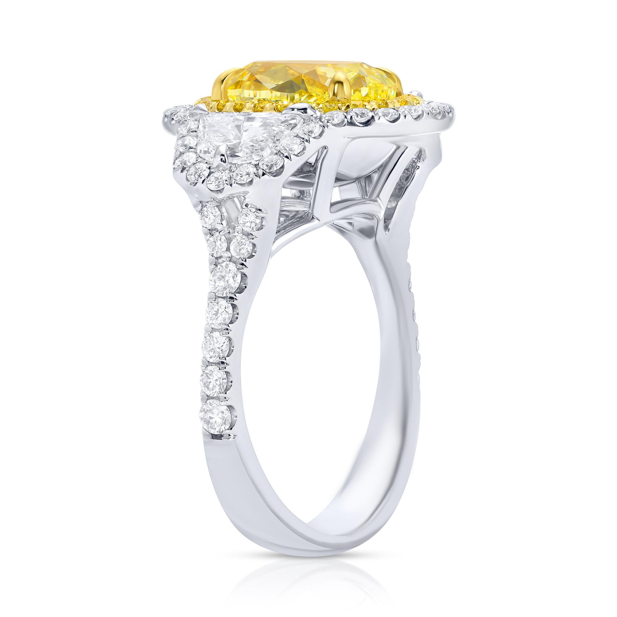 Oval Cut GIA Certified Oval Fancy Yellow Diamond Ring 4.8 Carats Total 18K Gold For Sale