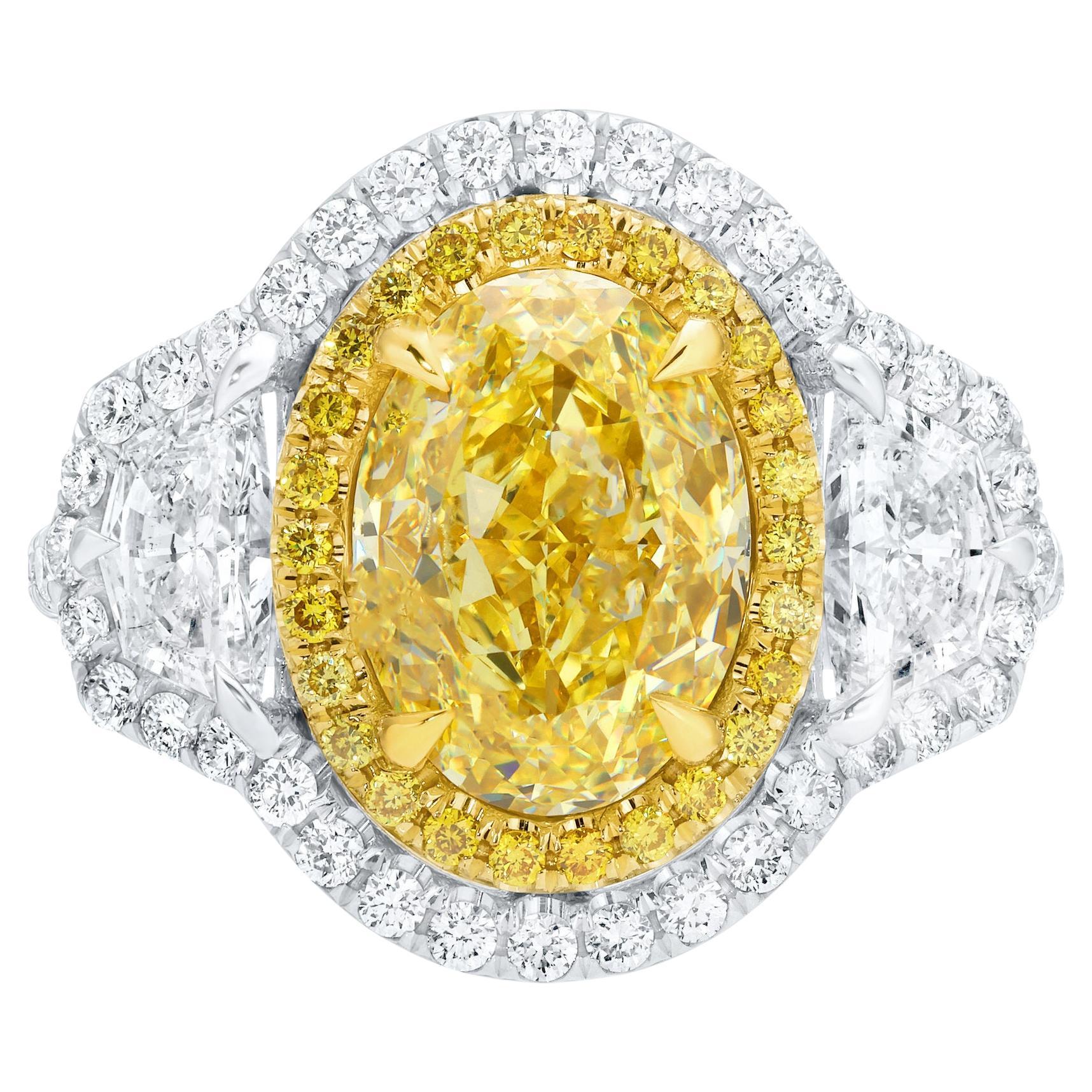 GIA Certified Oval Fancy Yellow Diamond Ring 4.8 Carats Total 18K Gold
