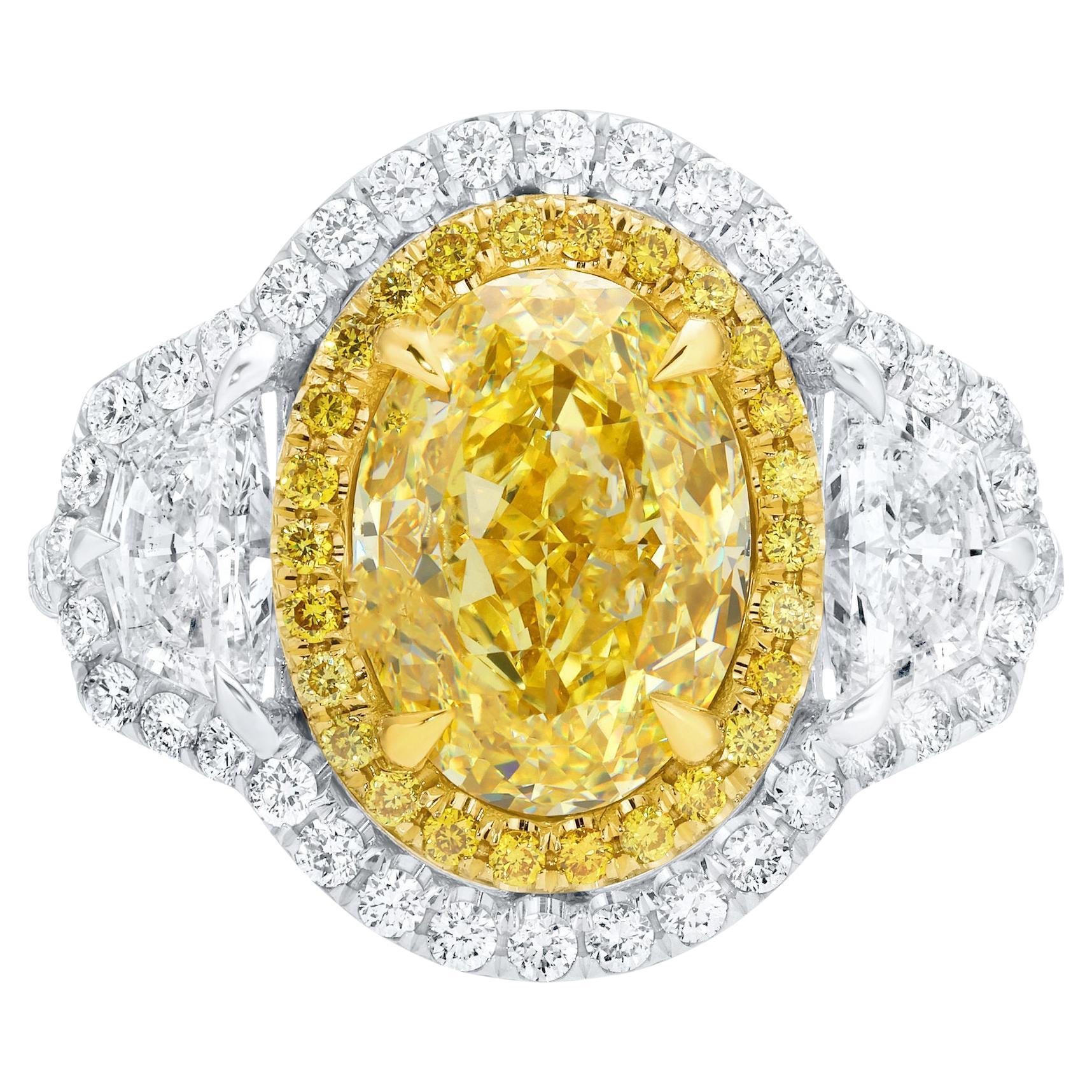 GIA Certified Oval Fancy Yellow Diamond Ring 4.8 Carats Total 18K Gold