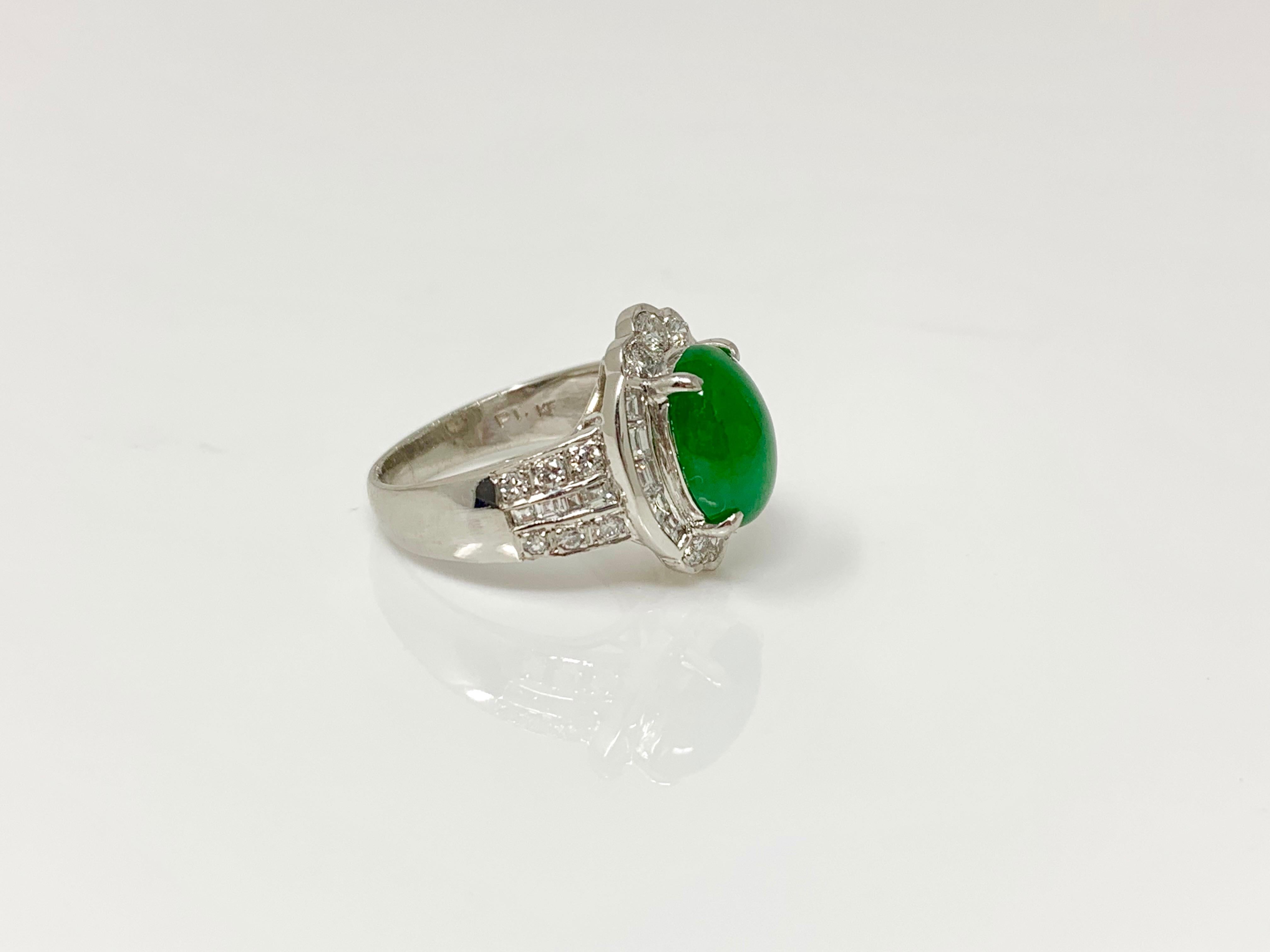 Oval Cut GIA Certified Oval Jadeite Jade Cabochon and White Diamond Ring in Platinum For Sale