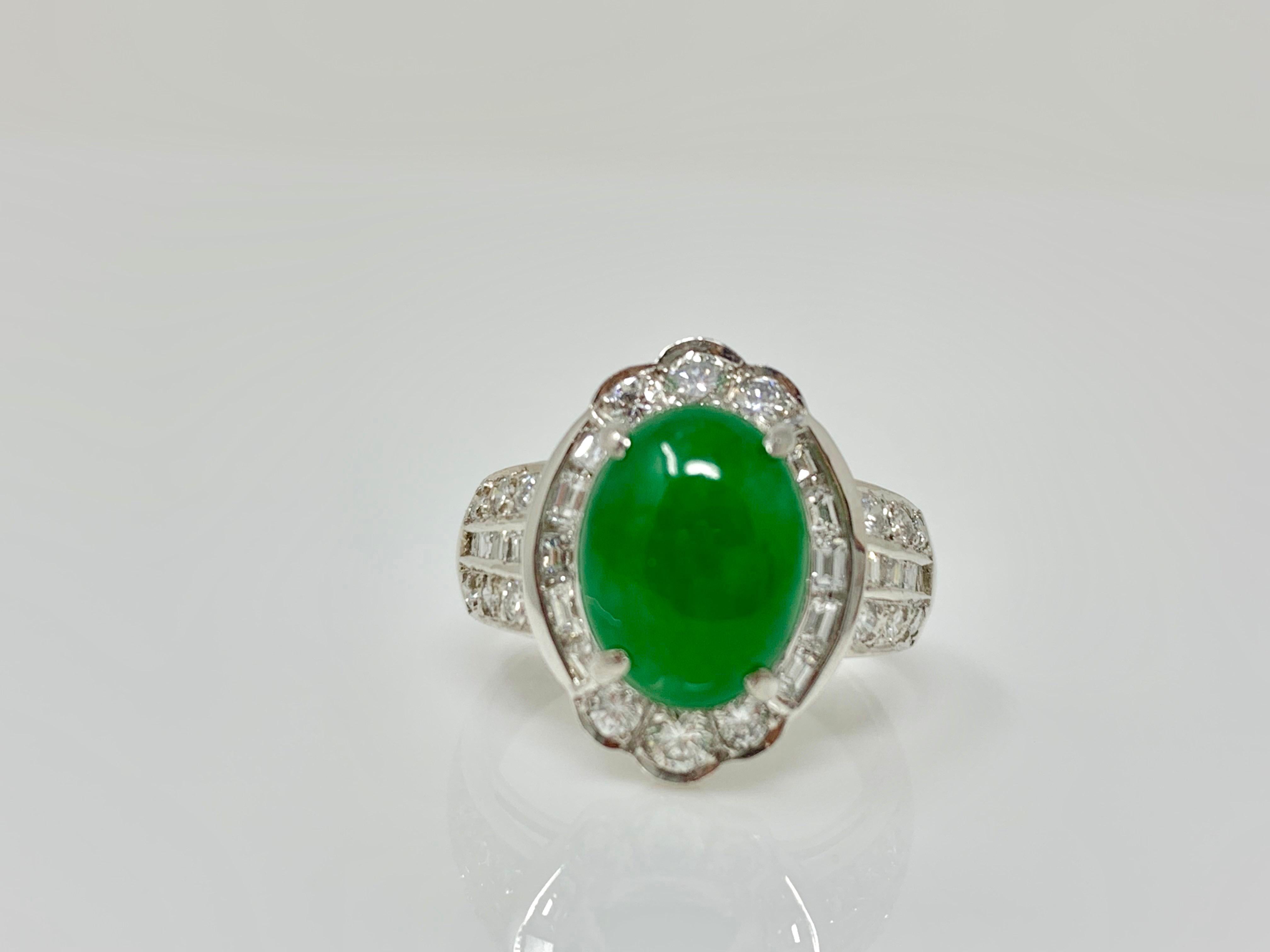 Women's or Men's GIA Certified Oval Jadeite Jade Cabochon and White Diamond Ring in Platinum For Sale