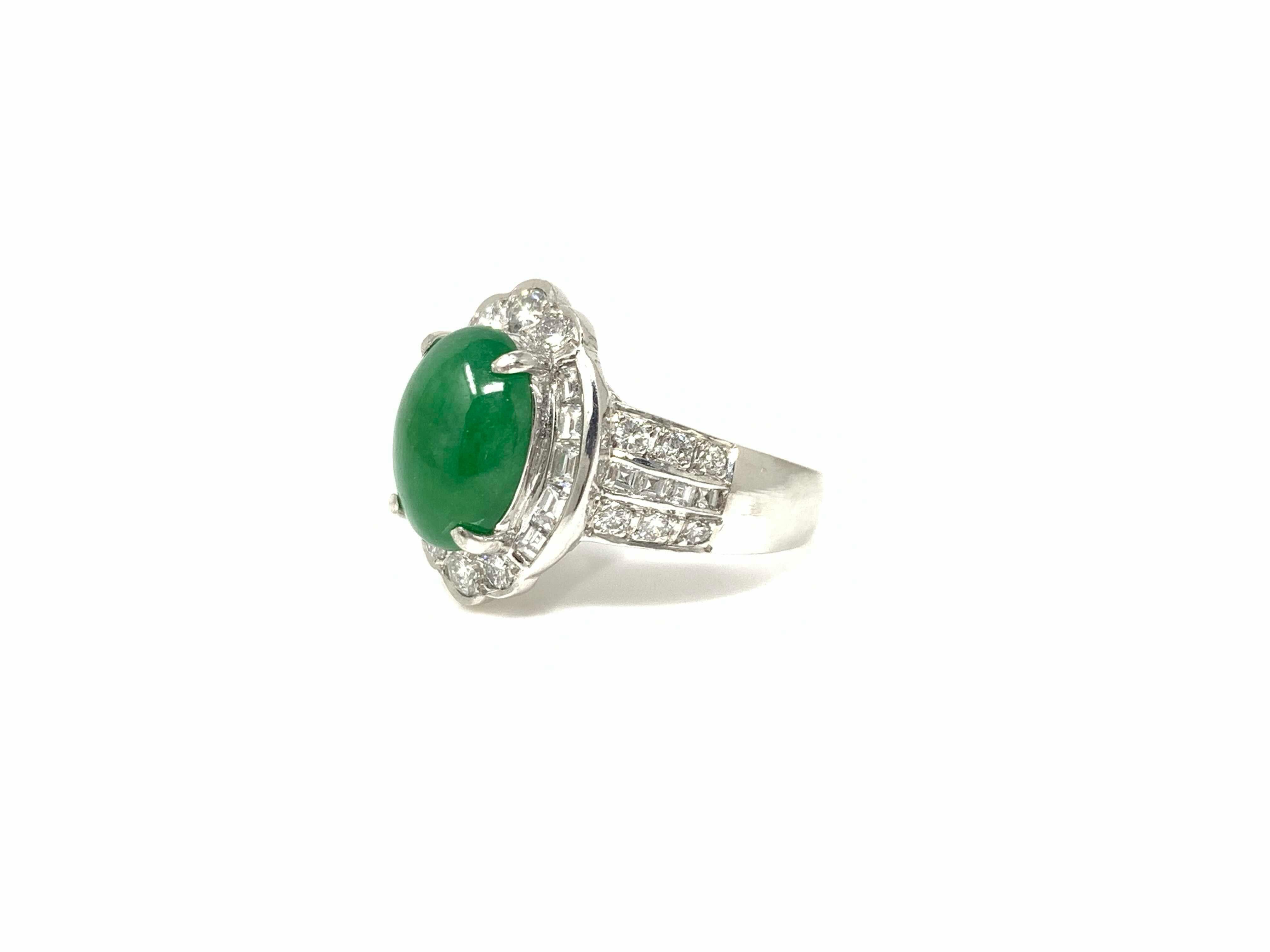 Women's or Men's GIA Certified Oval Jadeite Jade Cabochon and White Diamond Ring in Platinum
