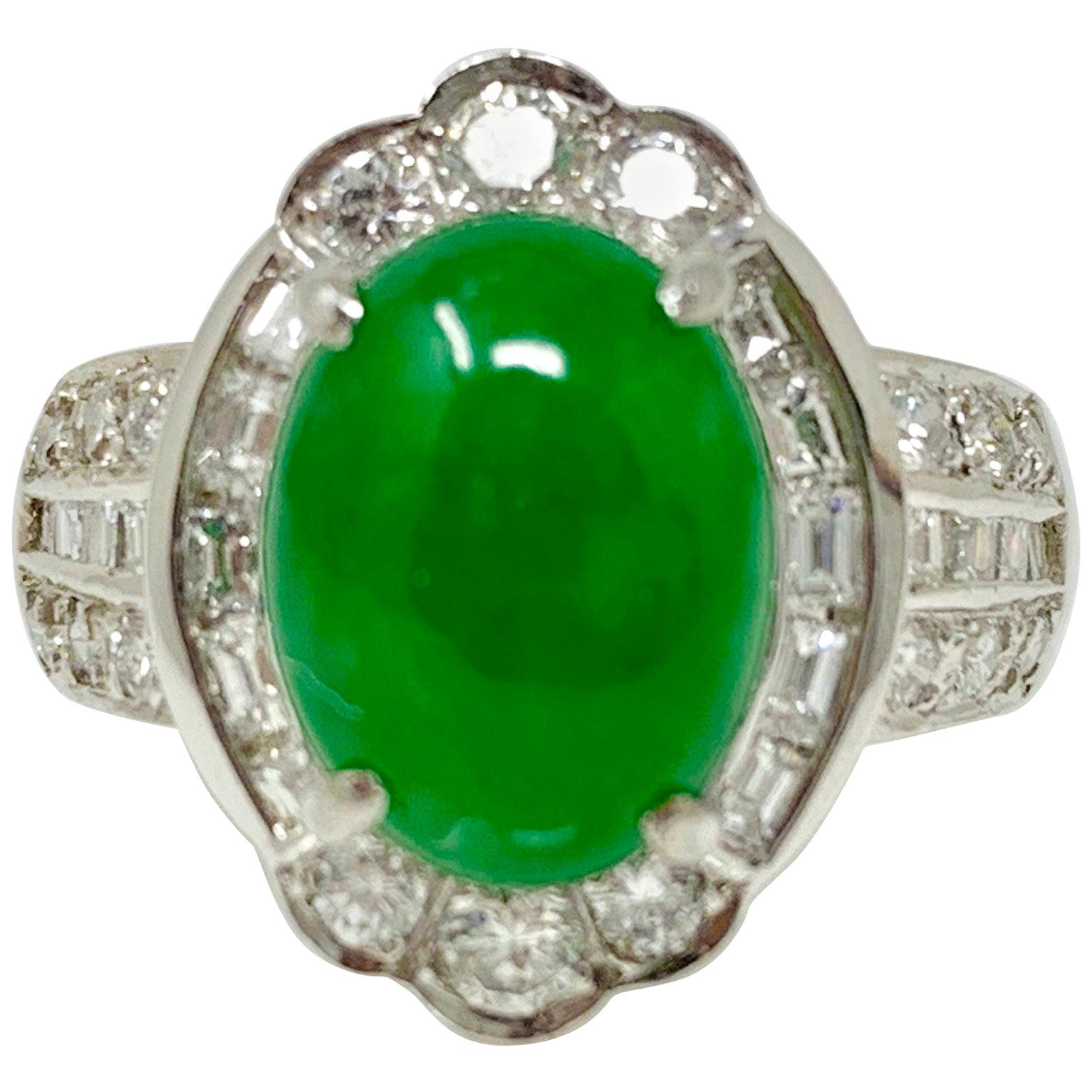 GIA Certified Oval Jadeite Jade Cabochon and White Diamond Ring in Platinum