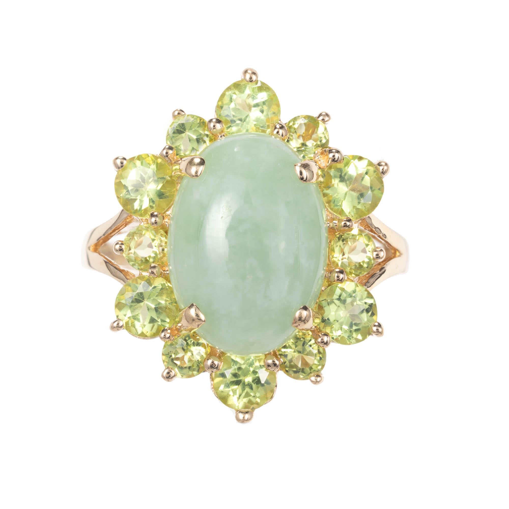 GIA Certified Oval Jadeite Jade Peridot Halo Yellow Gold Cocktail Ring