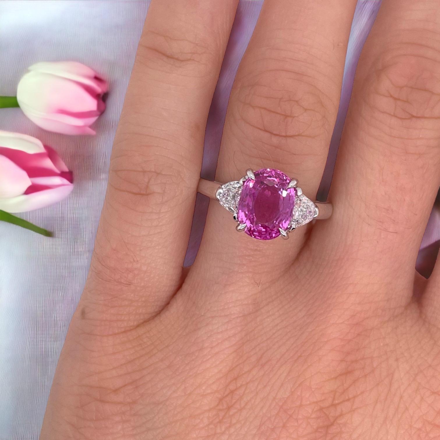 Contemporary GIA Certified Oval Pink Sapphire & Diamond Three Stone Ring in 18k White Gold For Sale