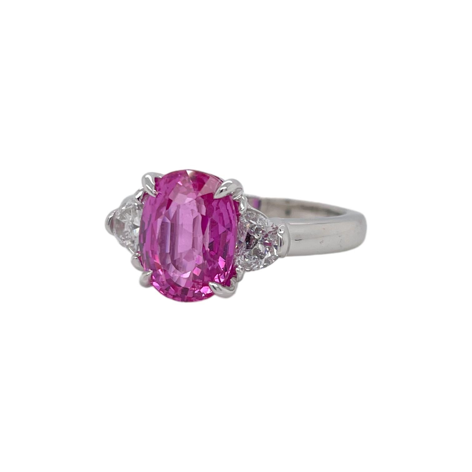Oval Cut GIA Certified Oval Pink Sapphire & Diamond Three Stone Ring in 18k White Gold For Sale