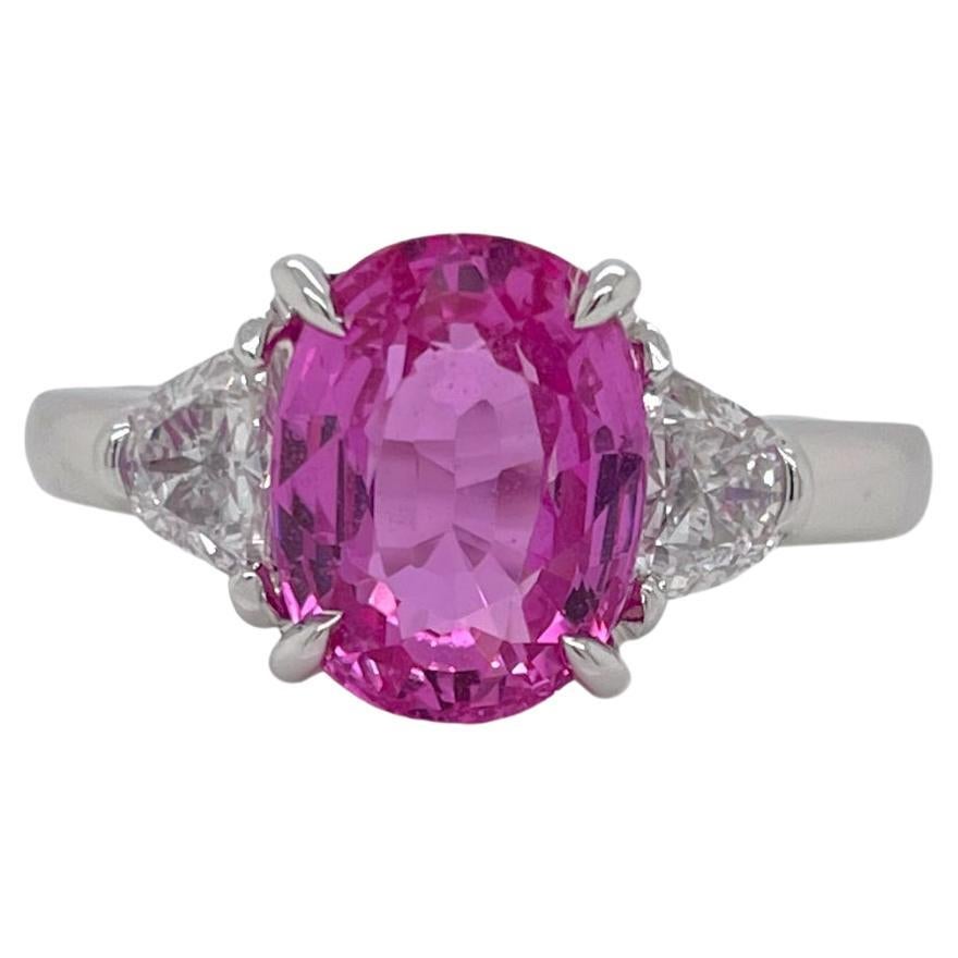 GIA Certified Oval Pink Sapphire & Diamond Three Stone Ring in 18k White Gold For Sale