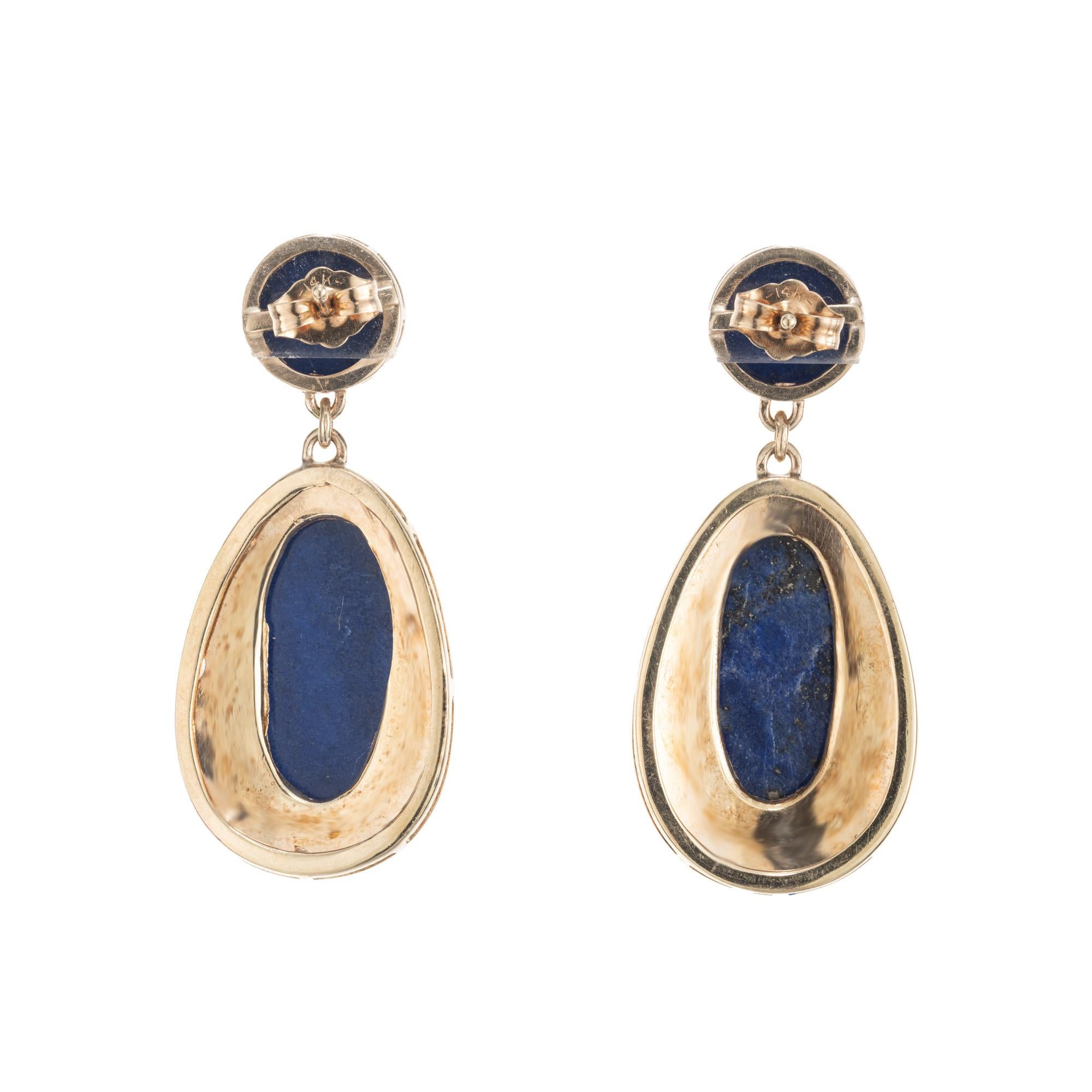 Oval Cut GIA Certified Oval Round Blue Cabochon Lapis Yellow Gold Dangle Earrings For Sale
