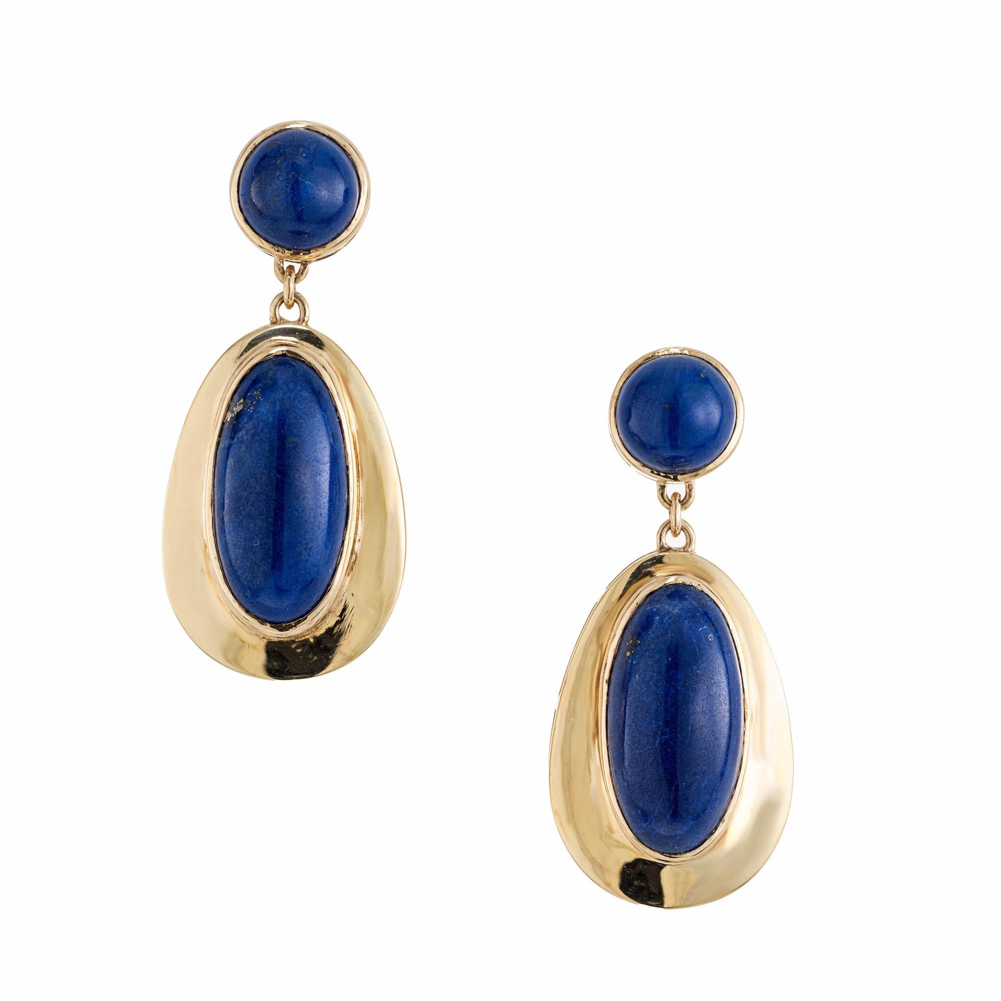 Women's GIA Certified Oval Round Blue Cabochon Lapis Yellow Gold Dangle Earrings For Sale