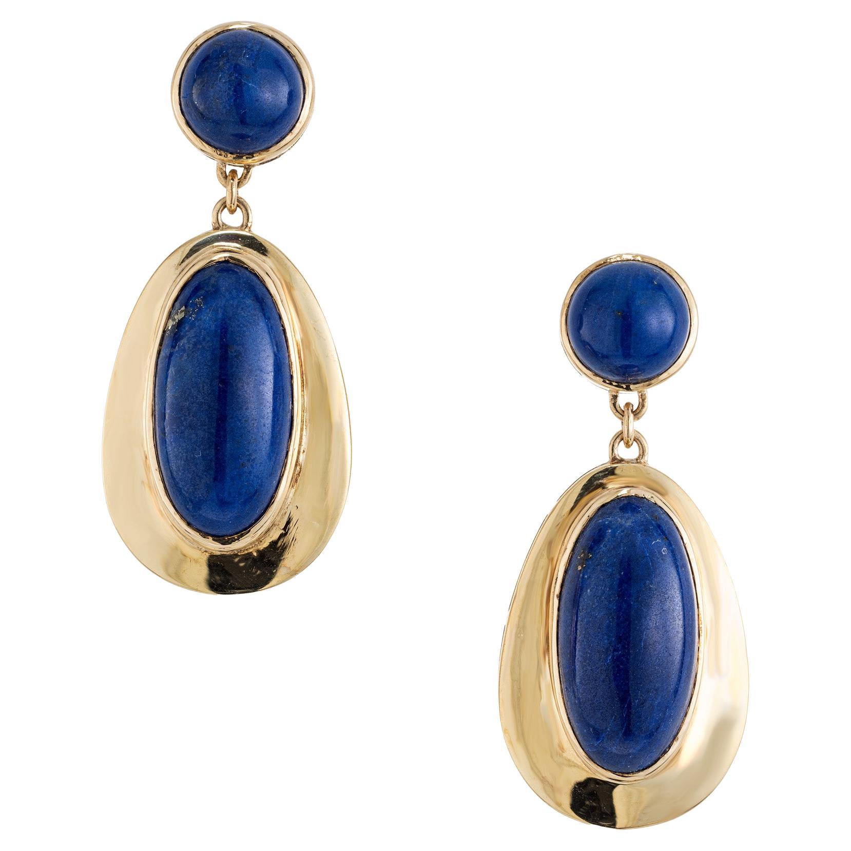 GIA Certified Oval Round Blue Cabochon Lapis Yellow Gold Dangle Earrings For Sale