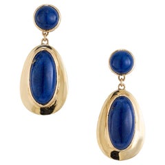 GIA Certified Oval Round Blue Cabochon Lapis Yellow Gold Dangle Earrings