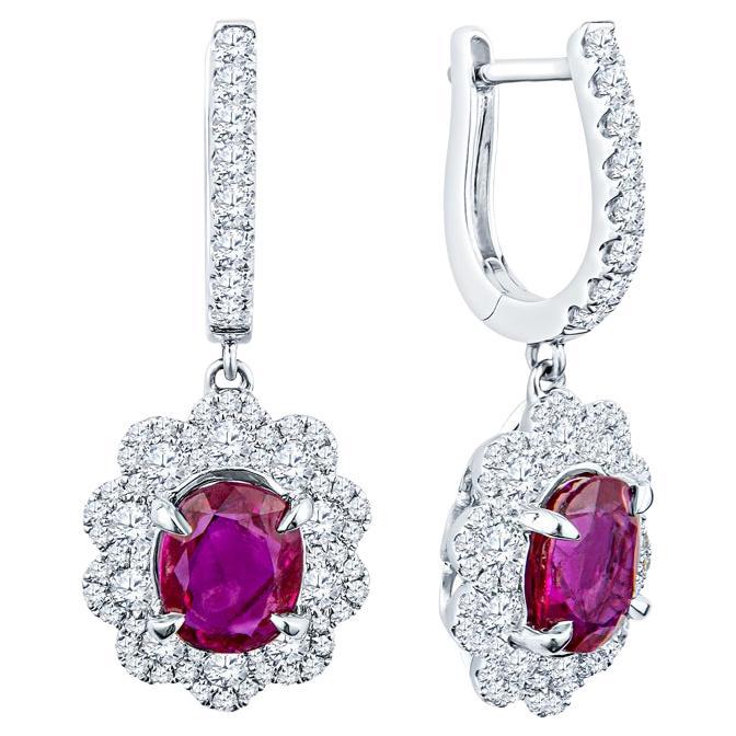 GIA Certified Oval Ruby & Diamond Dangle Earrings, 18 Karat White Gold For Sale