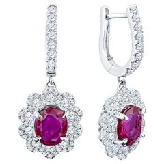 GIA Certified Oval Ruby & Diamond Dangle Earrings, 18 Karat White Gold