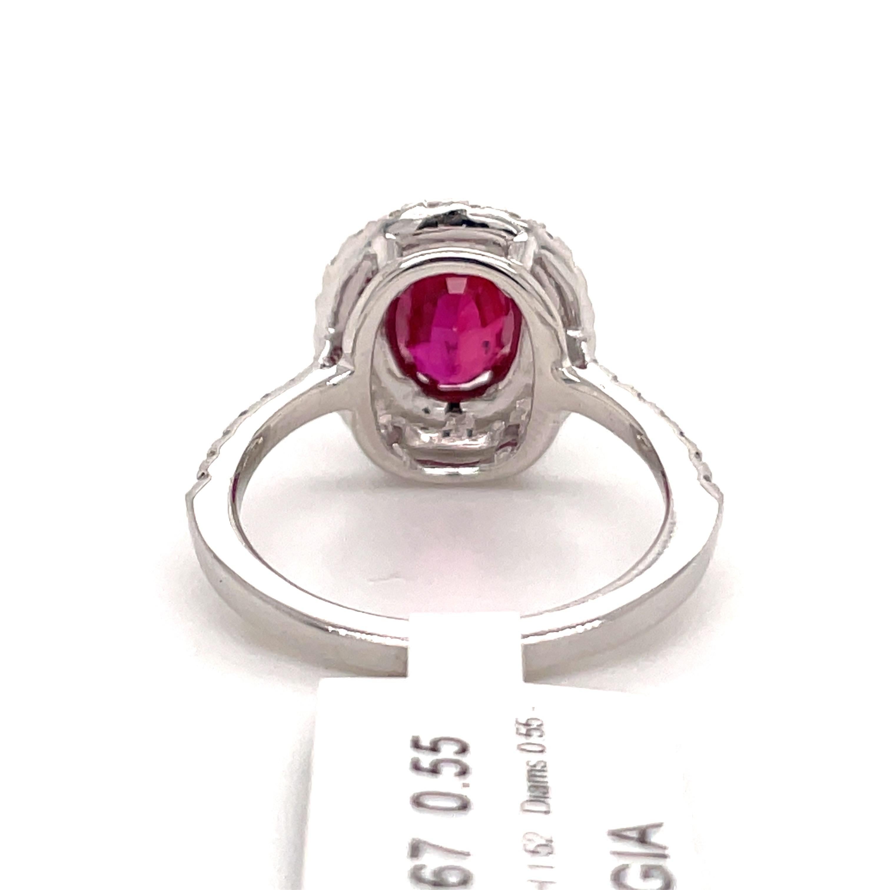 GIA Certified Oval Ruby Diamond Double Halo Ring 2.07 Carat 18 Karat White Gold For Sale 2