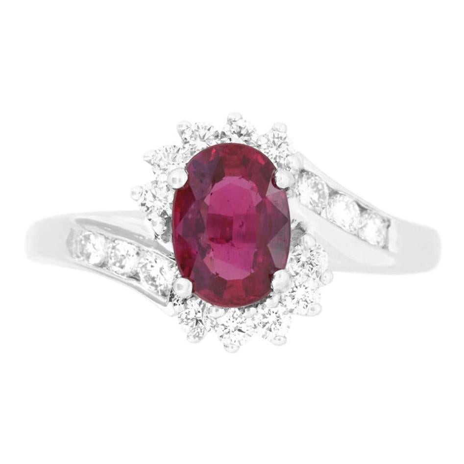 GIA Certified Oval Ruby Diamond Halo Engagement Cocktail Ring 18k White Gold For Sale