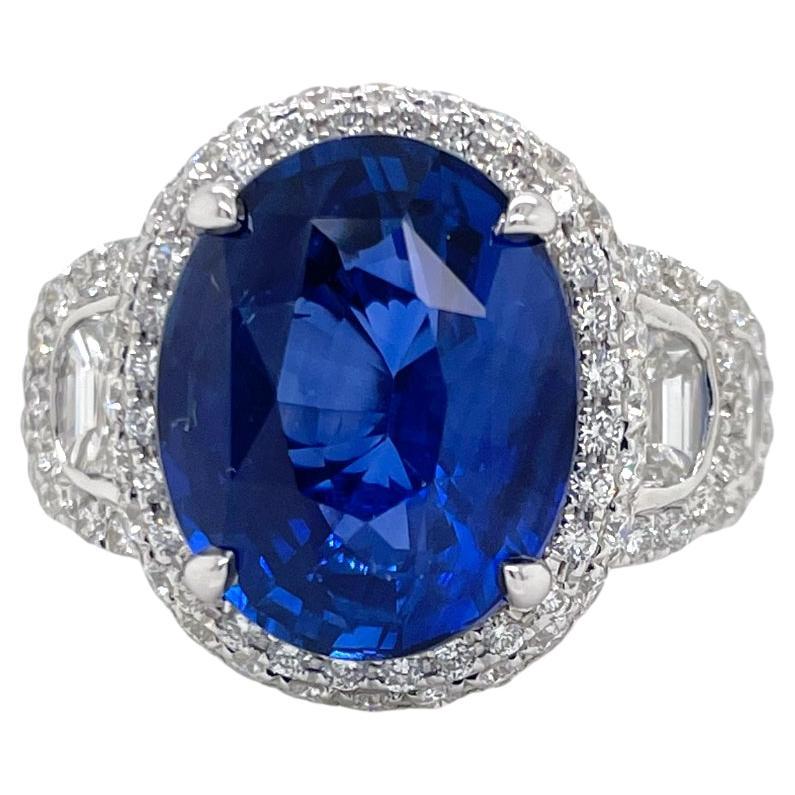 GIA Certified Oval Sapphire & Diamond Halo Ring in 18K White Gold For Sale