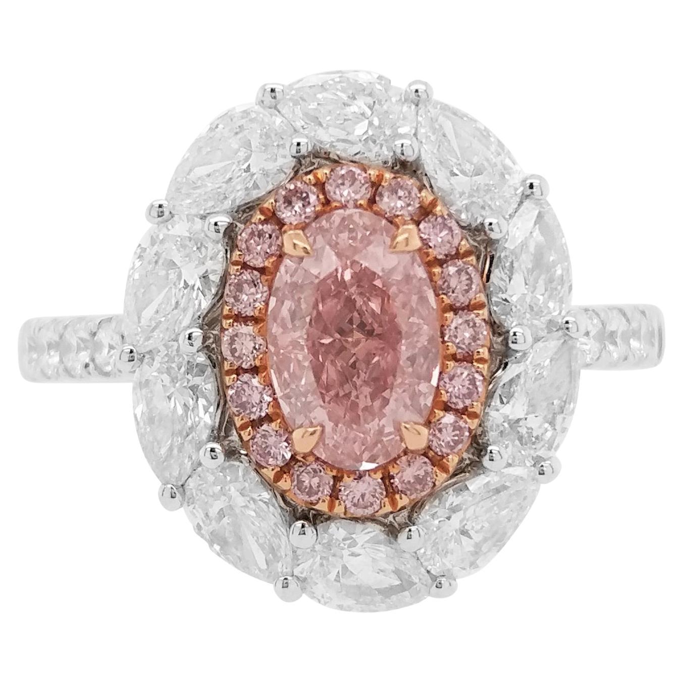 Anello in oro 18 carati con diamante rosa a forma ovale e diamante bianco a forma di pera certificato GIA