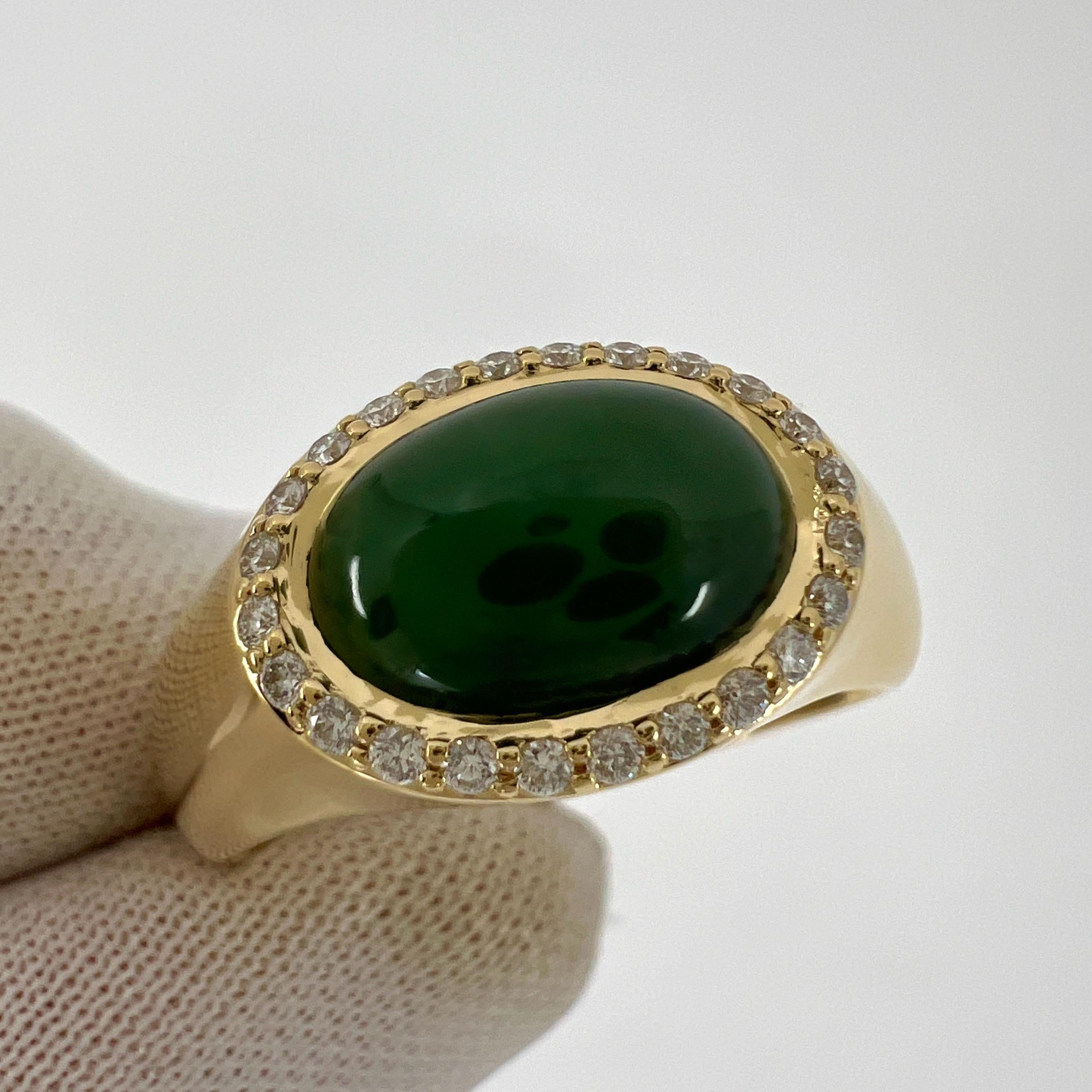 GIA Certified Oval Untreated Jadeite Jade & Diamond 18k Yellow Gold Signet Ring For Sale 5