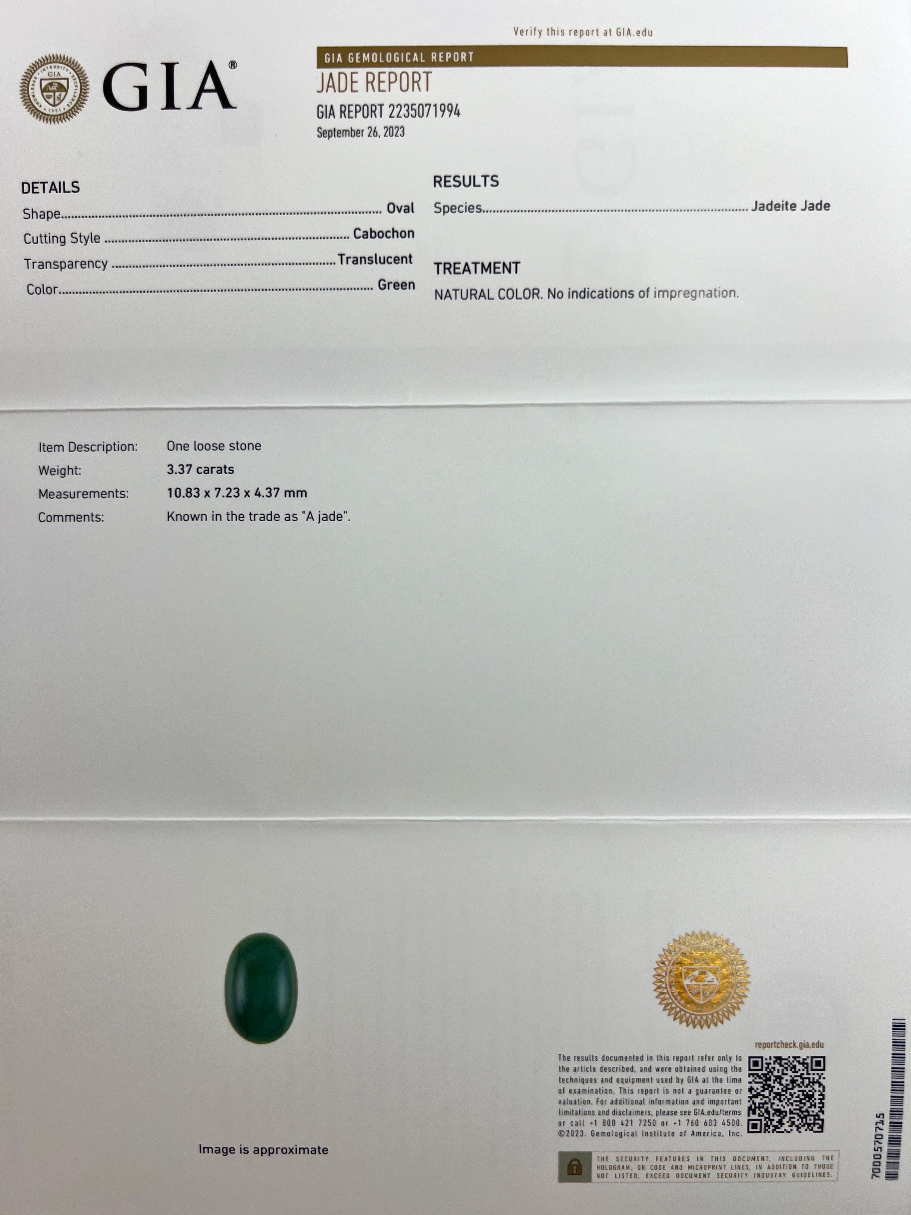 Unique GIA Certified Untreated A-Grade Deep Green Jadeite And Diamond 18k Yellow Gold Signet Ring.

A fine 3.37 carat deep green jadeite jade set in an 18k yellow gold rubover bezel signet ring in east/west horizontal position with natural diamond