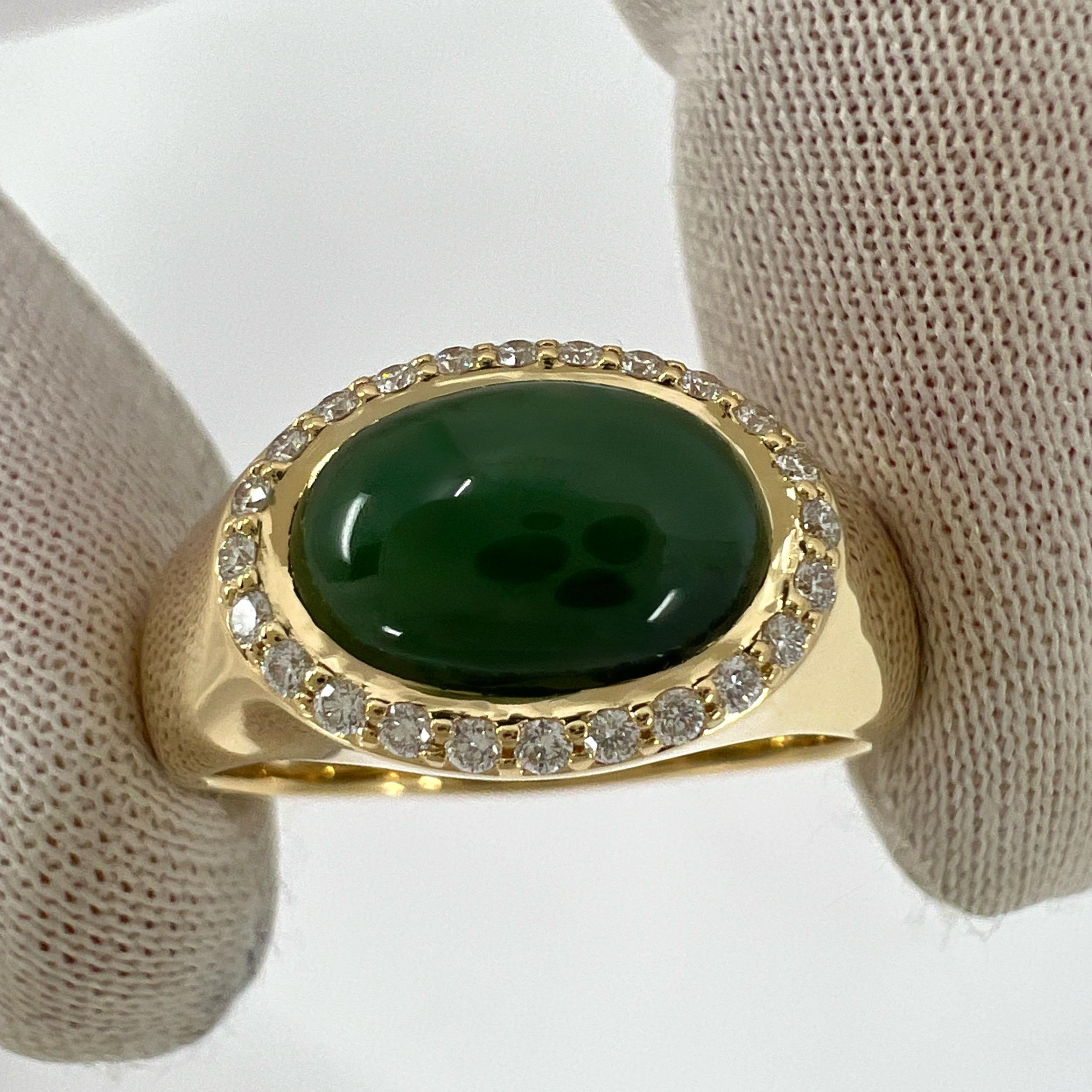 GIA Certified Oval Untreated Jadeite Jade & Diamond 18k Yellow Gold Signet Ring For Sale 2