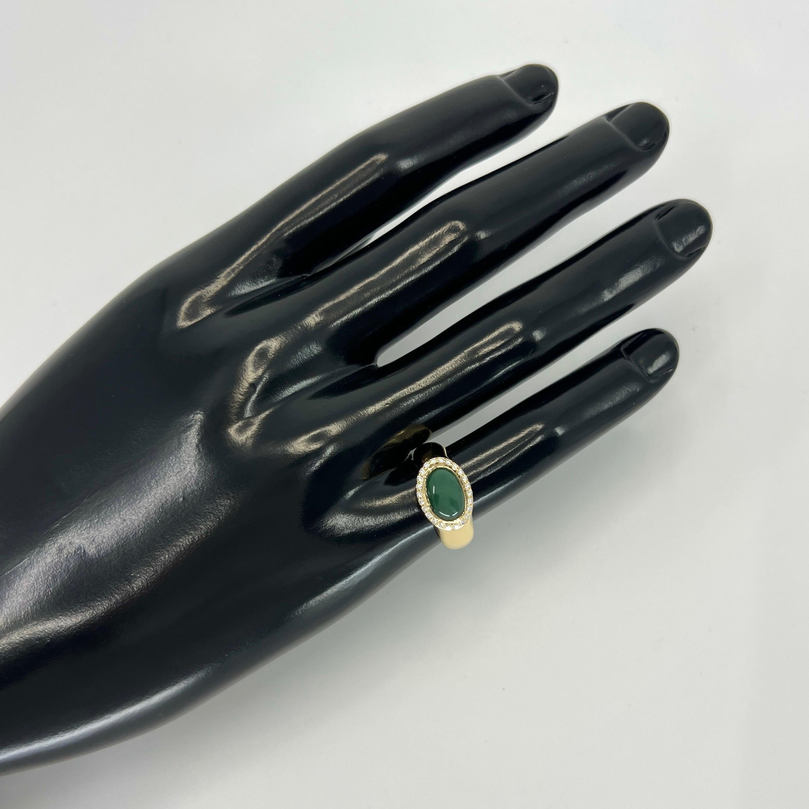 GIA Certified Oval Untreated Jadeite Jade & Diamond 18k Yellow Gold Signet Ring For Sale 3