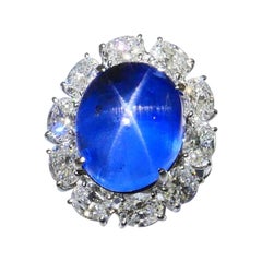 21 Carats "See Through" Blue Star Sapphire & Diamond Platinum Ring. Strong Star.